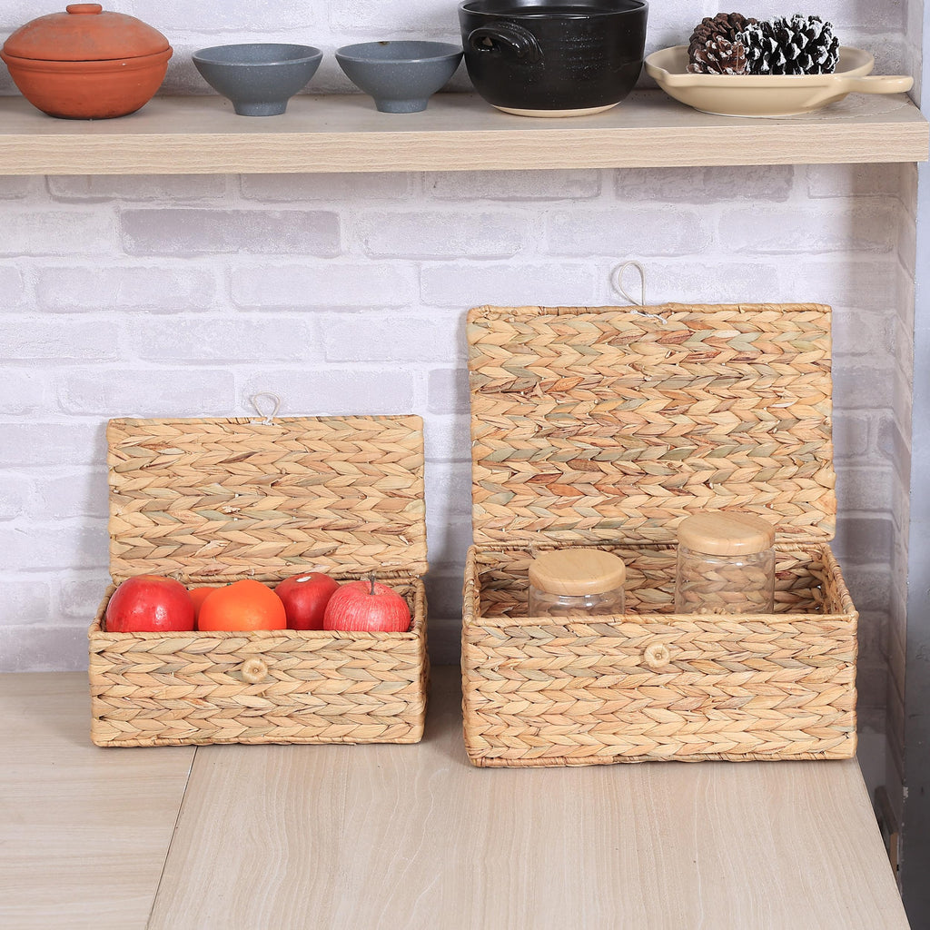 Lusydeco Set Of 2 Rectangular Wicker Storage Bins With Lid, Rattan Basket Decorative Boxes, Multipurpose Organizer Rattan Displa