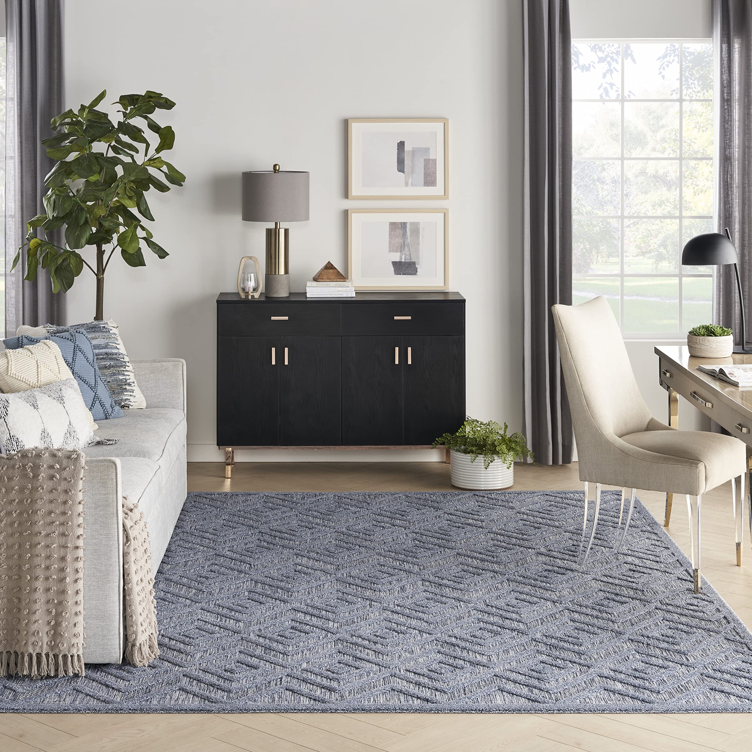 Nourison Versatile Indoor/Outdoor Denim Blue 9' X 12' Area Rug, Easy Cleaning, Non Shedding, Bed Room, Living Room, Dining Room, Deck, Backyard, Patio, High Traffic Area (9X12)