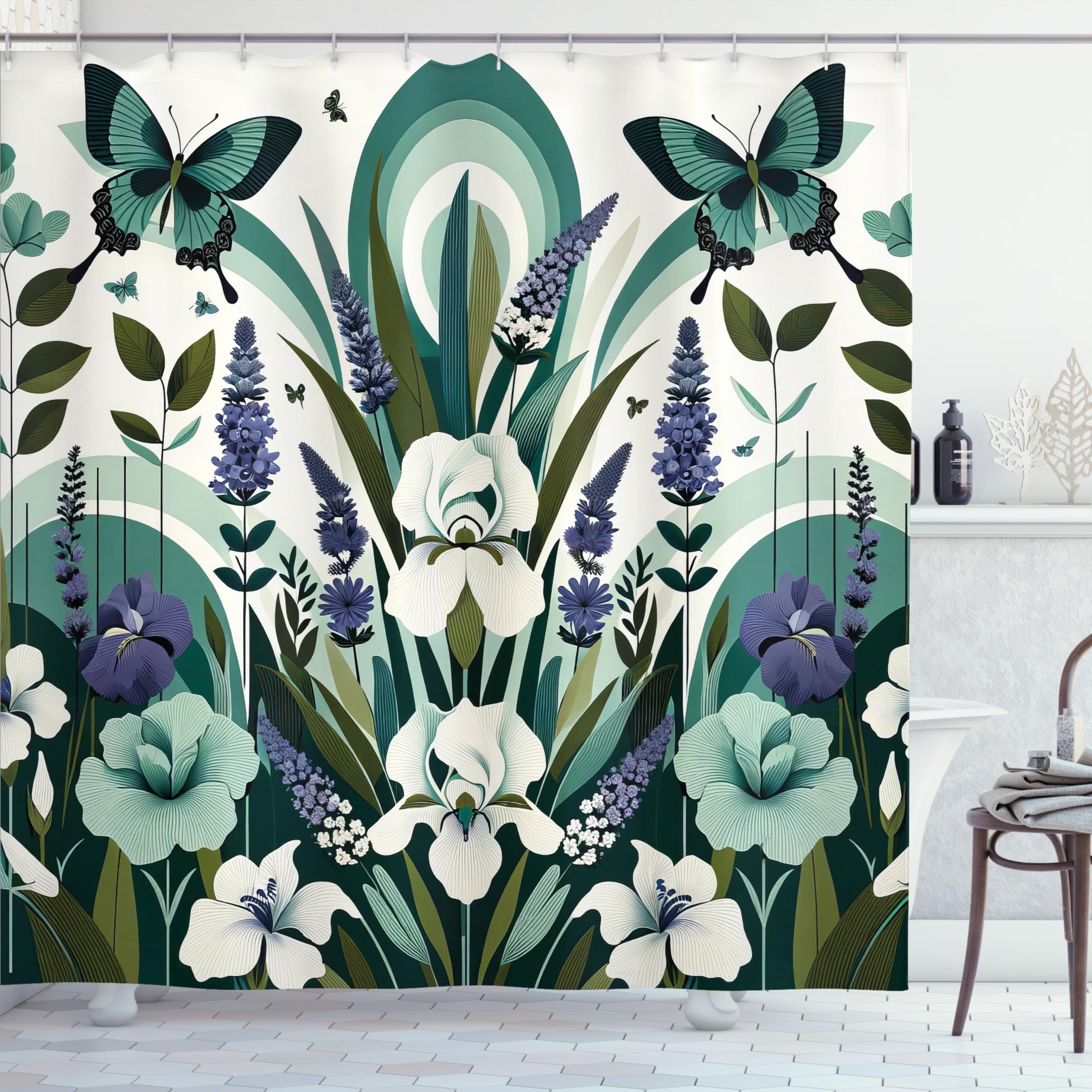 Ambesonne Teal Shower Curtain, Curving Leaves And Floral Mirage With Iris Lavender Eucalyptus Butterfly, Cloth Fabric Bathroom D