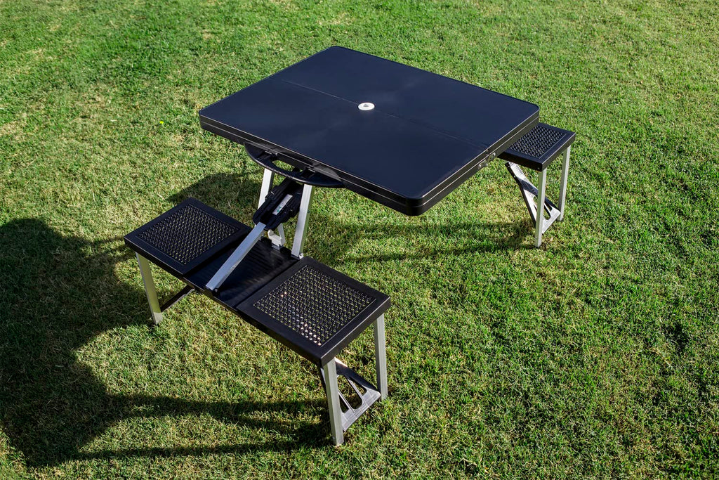 Picnic Time Ncaa Wake Forest Demon Deacons Football Field Folding Picnic Table - Camping Table - Outdoor Table With Umbrella Hole, (Black)