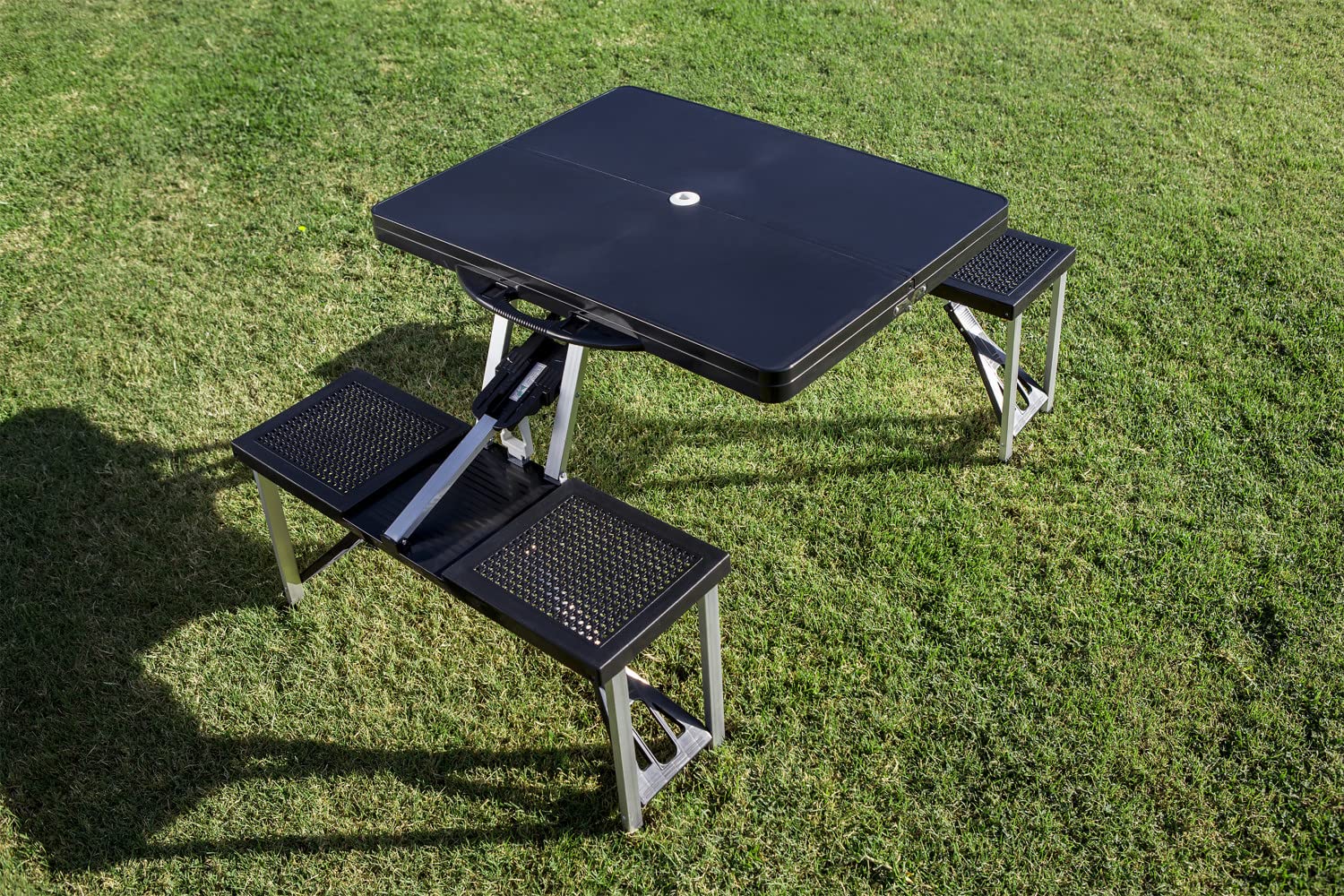 Picnic Time Ncaa Wake Forest Demon Deacons Football Field Folding Picnic Table - Camping Table - Outdoor Table With Umbrella Hole, (Black)