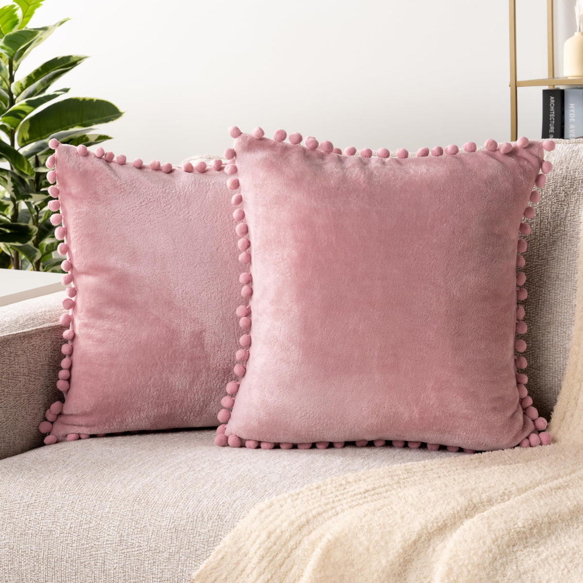 Pavilia Blush Pink Throw Pillow Covers With Pom Pom 20X20 Set Of 2, Decorative Pillow Cases For Bedroom Aesthetic, Small Throw P