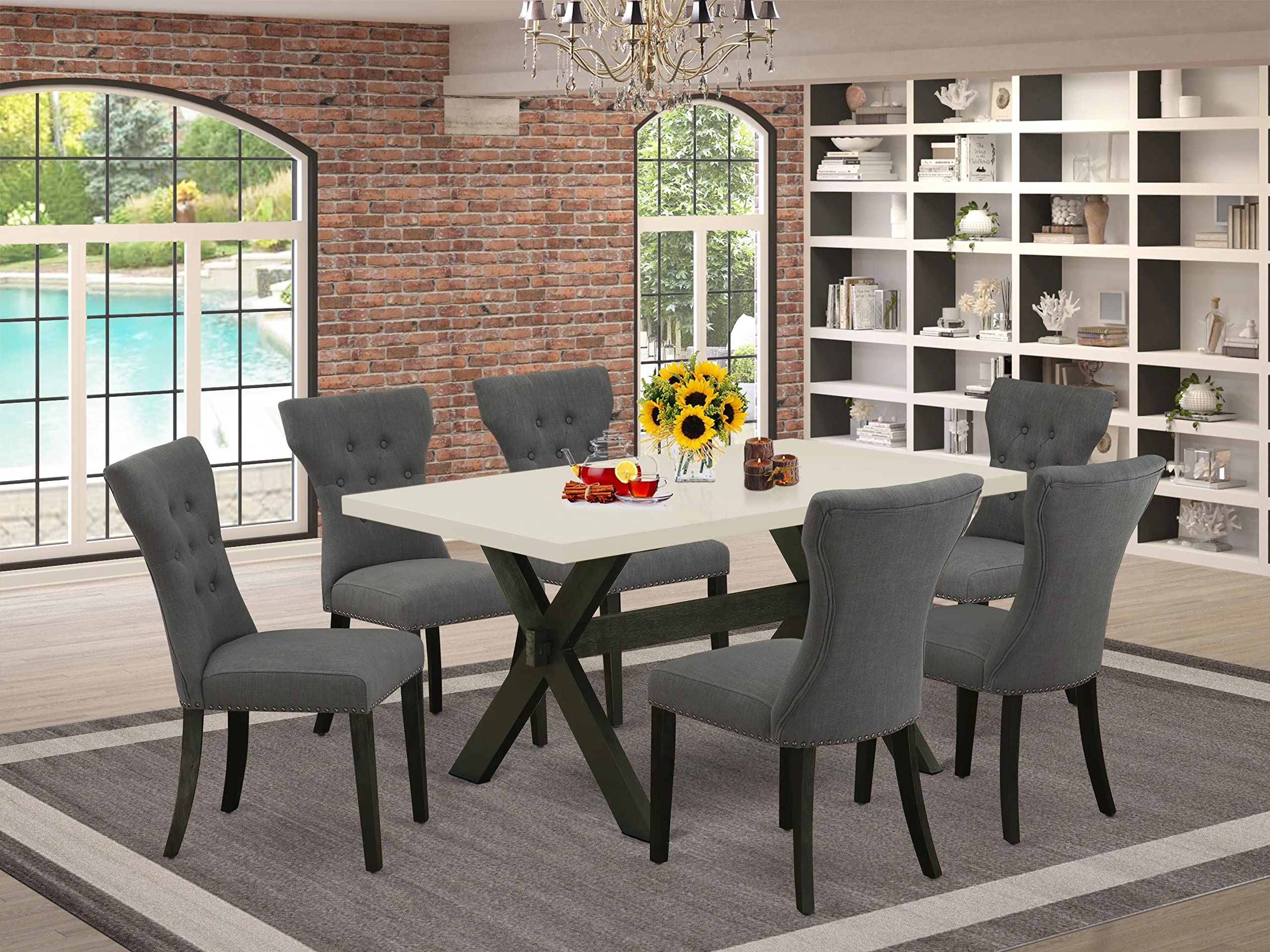East West Furniture X-Style 7 Piece Modern Set Consist Of A Rectangle Wooden Table With X-Legs And 6 Dark Gotham Linen Fabric Parson Dining Chairs, 36X60 Inch, X626Ga650-7