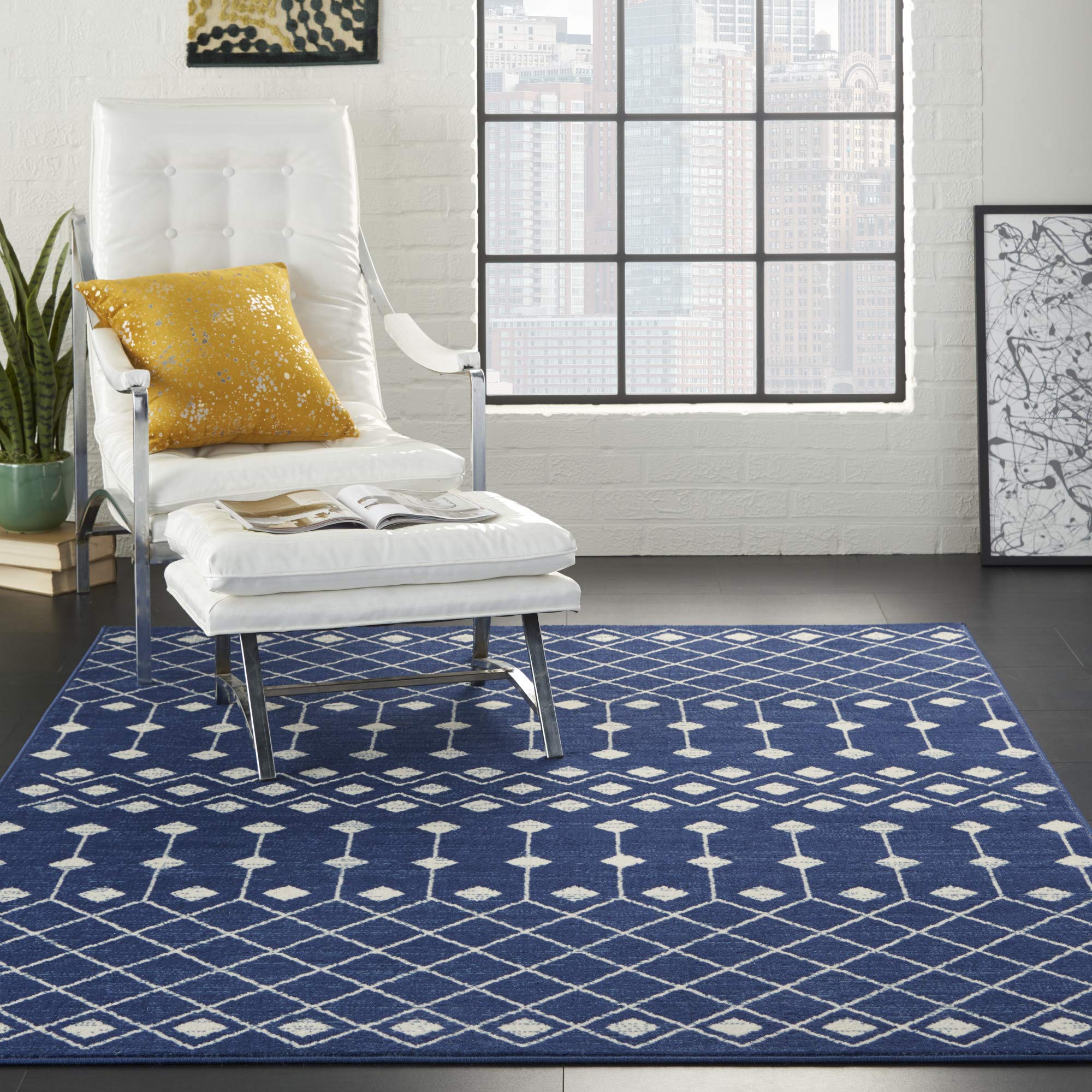 Nourison Grafix Moroccan Navy 6' X 9' Area Rug, Easy Cleaning, Non Shedding, Bed Room, Living Room, Dining Room, Kitchen (6X9)