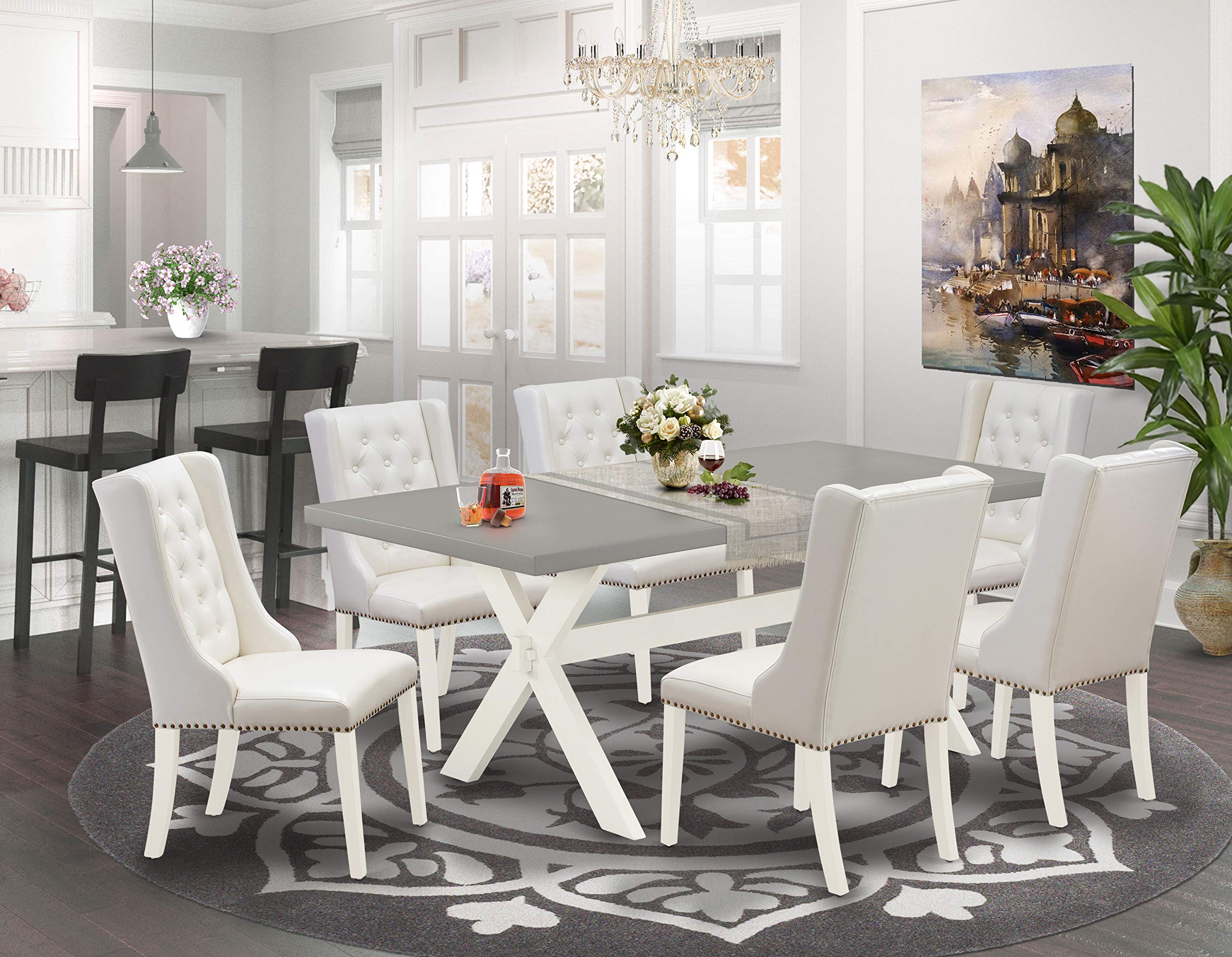 East West Furniture X-Style 7 Piece Kitchen Set Consist of a Rectangle Table with X-Legs and 6 Light Grey Faux Leather Parson Dining Chairs, 40x72 Inch, X097FO244-7