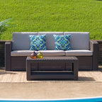Flash Furniture Seneca Chocolate Brown Faux Rattan Sofa with All-Weather Beige Cushions