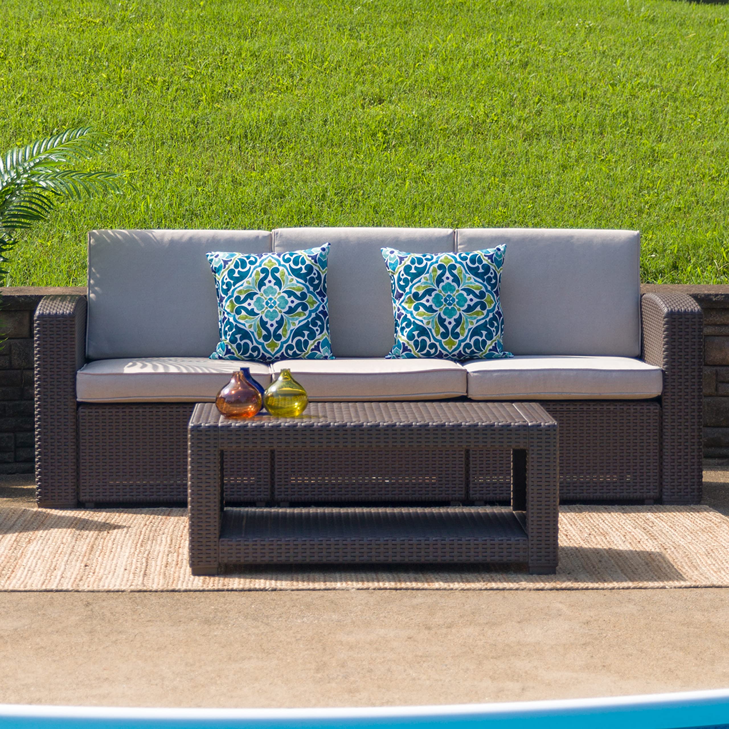 Flash Furniture Seneca Chocolate Brown Faux Rattan Sofa with All-Weather Beige Cushions