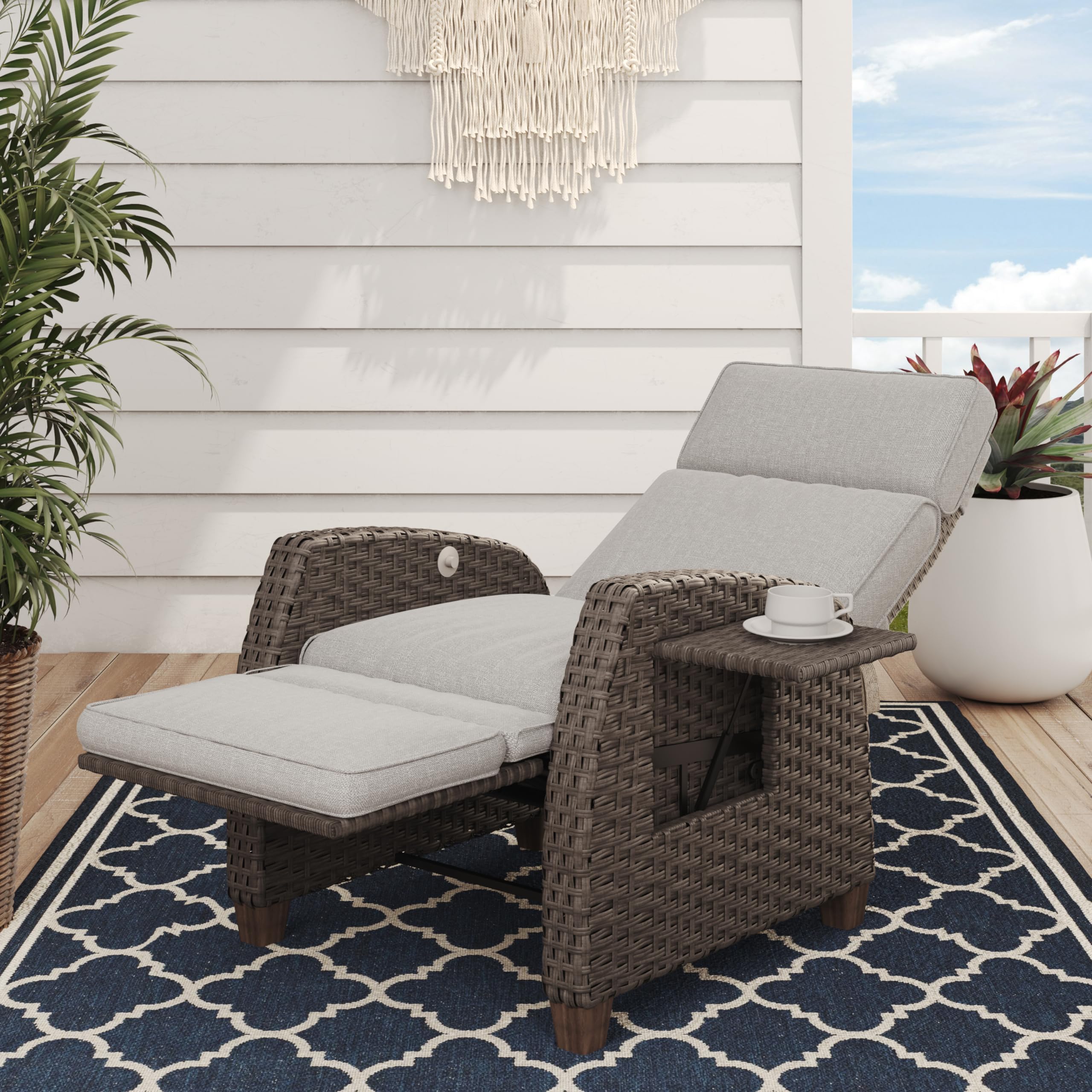 Grand Patio Indoor & Outdoor Recliner Chair Pe Wicker Patio Recliner With Flip Table Reclining Lounge Chair, Mist Grey