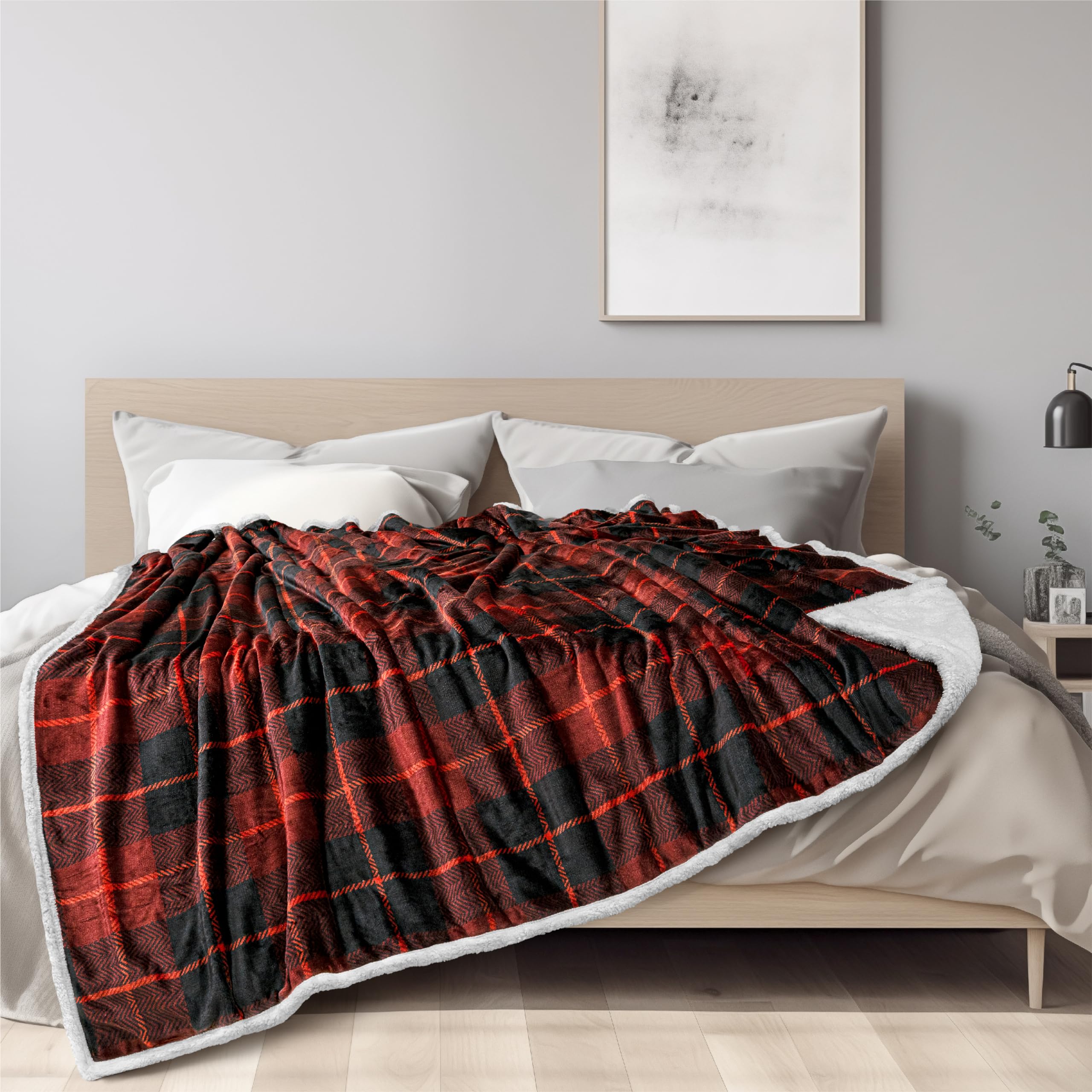 Pavilia Red Black Plaid Sherpa Throw Blanket For Couch Twin, Soft Plush Flannel Blanket & Throws For Bed Sofa, Warm Cozy Winter