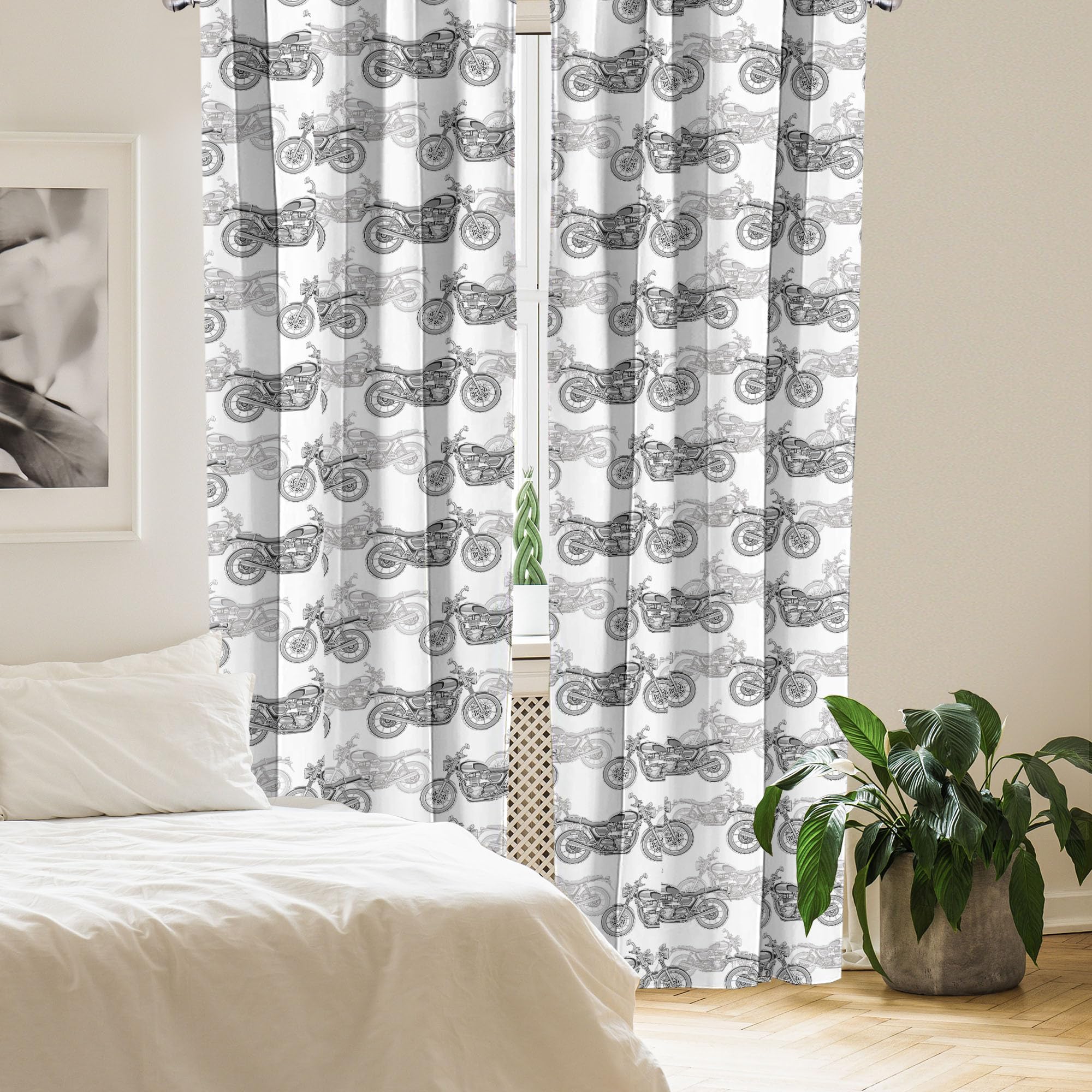 Ambesonne Motorcycle Window Curtains Pack Of 2, Realistic Grayscale Illustration Of Classic Motorcycles Many Details, Lightweigh
