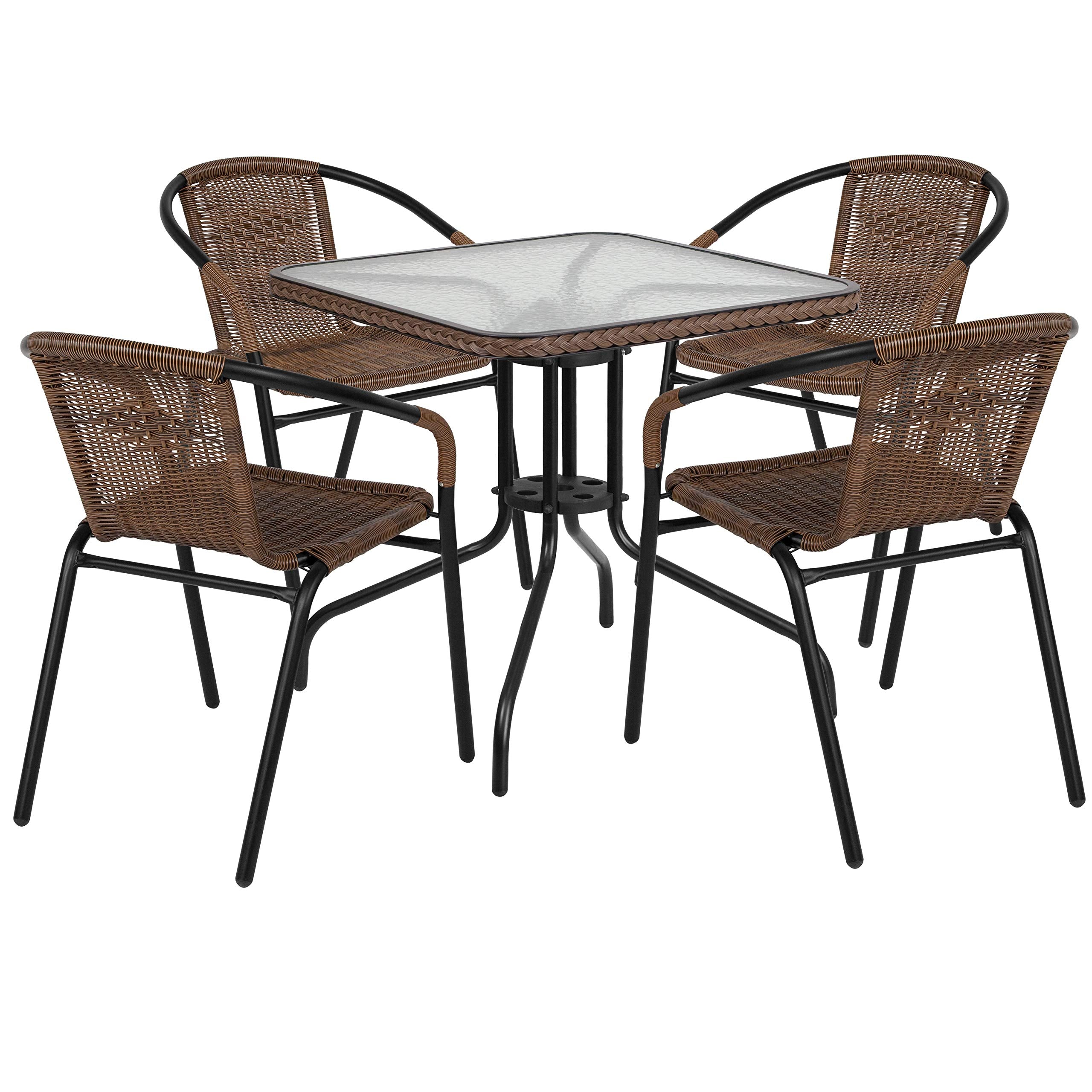 Flash Furniture Lila 28'' Square Glass Metal Table With Dark Brown Rattan Edging And 4 Dark Brown Rattan Stack Chairs