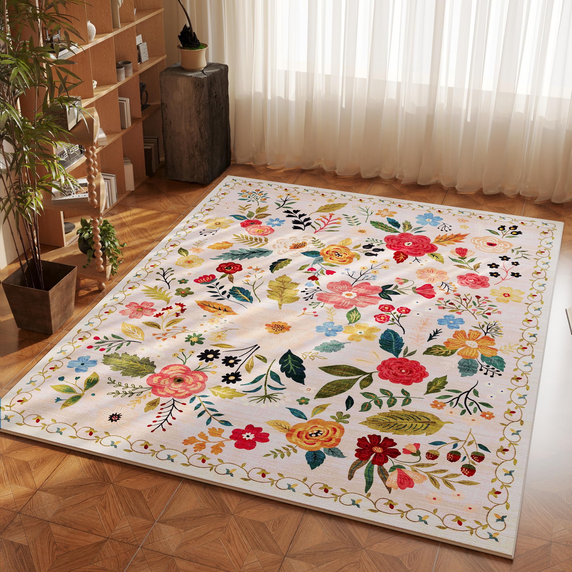 Rugcomf Area Rug 4x6 Rug Washable Boho Rugs Non Slip Low Pile Floral Small Carpet for Bedroom, Bedside, Kids Room, Office, Dinin