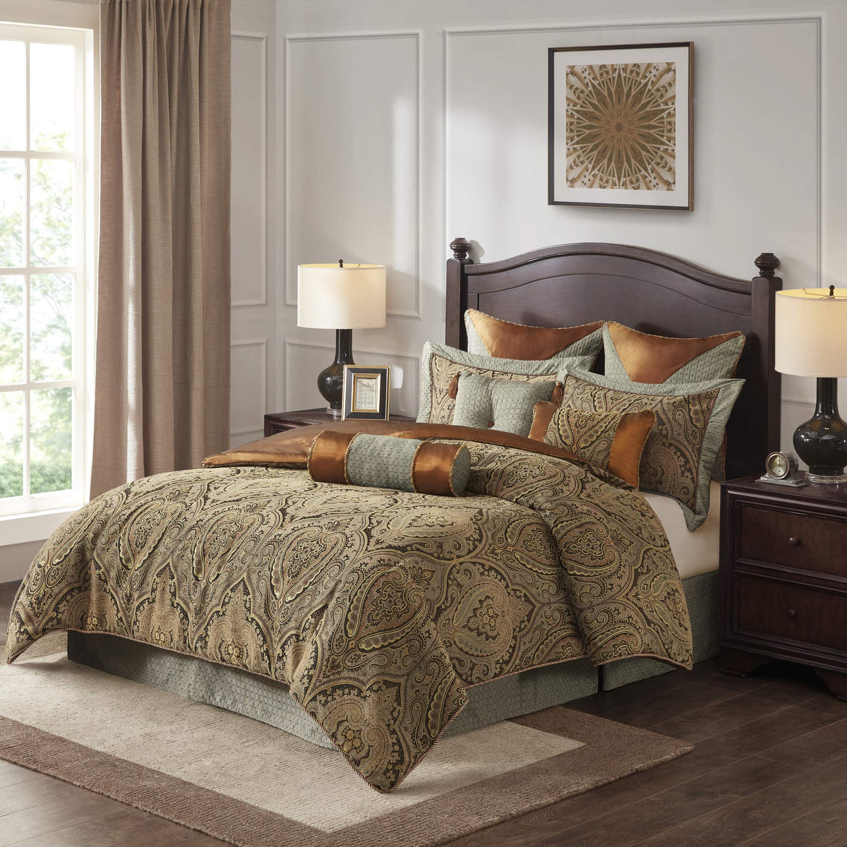 Hampton Hill Bed Comforter Duvet 2-In-1 Set Bed In A Bag - Teal, Brown, Jacquard Medallion Damask - 9 Piece Bedding Sets - Ultra