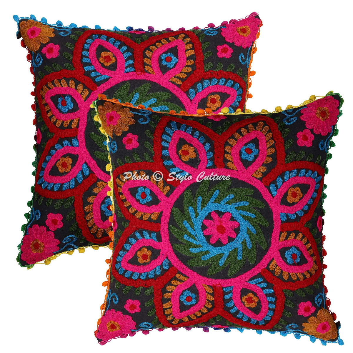 Stylo Culture Decorative Cotton Cushion Covers 16X16 Inch Suzani Embroidered Pom Pom Lace Black & Pink Drawing Room Decor Floral