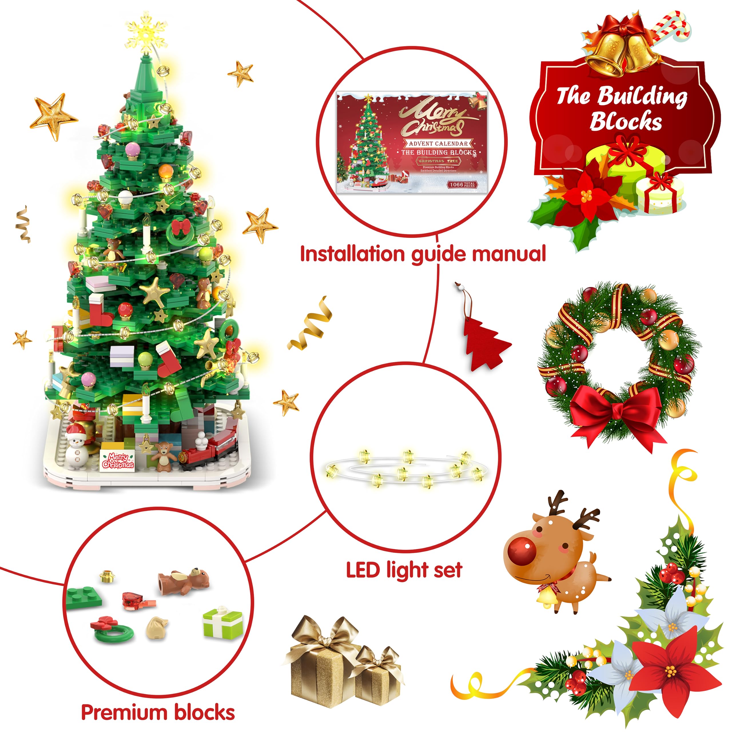 Advent Calendar 2024 Christmas Tree Building Toy Set With Led Light, 1066 Pieces Christmas Countdown Calendar, 24 Days Building