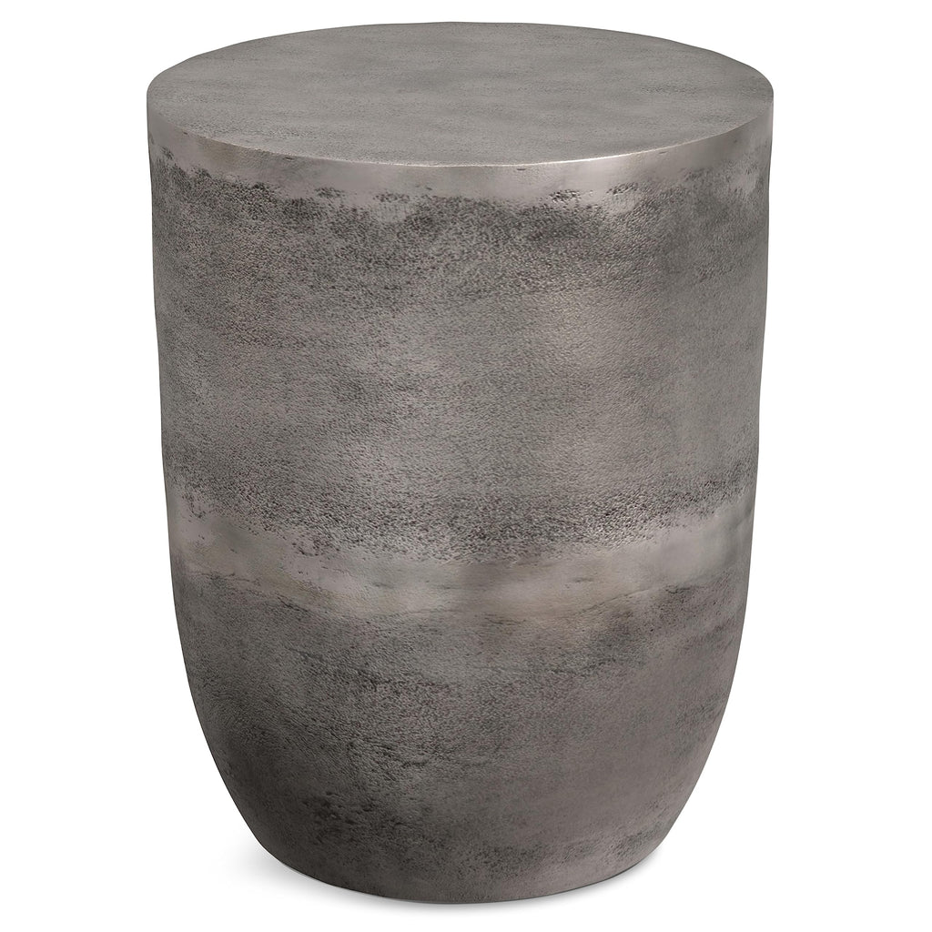 Simplihome Morris Metal Accent Table, 16.5-Inch, Antique Silver, Cast Aluminum, Round Drum Shape, Handcrafted, No Assembly Required, For Living Room