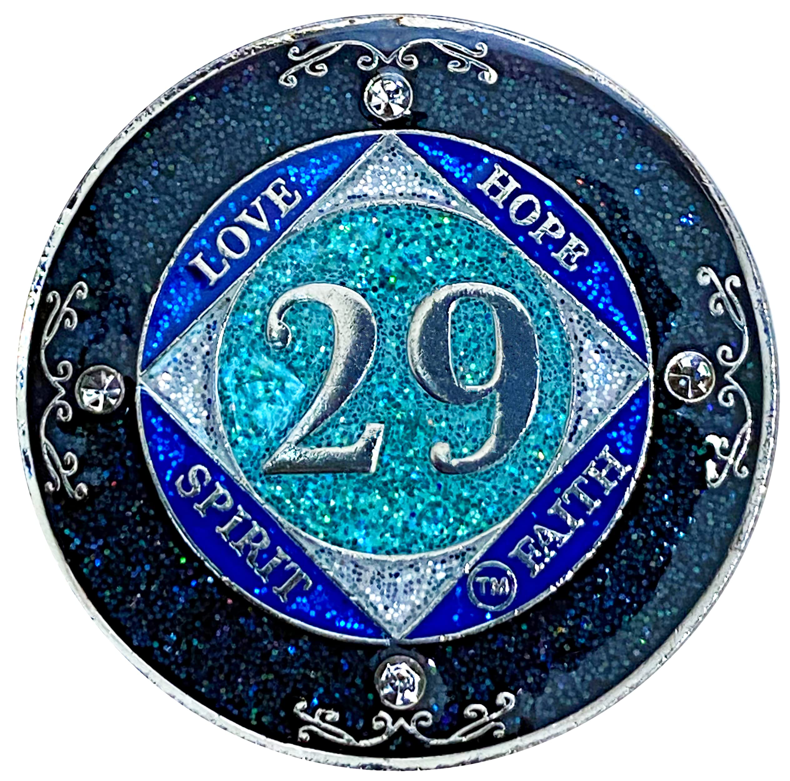 (Years 1-50) Na 29 Year Crystals And Glitter Medallion, Silver Color Plated Coin, Black Rainbow, Blue Glitter And Four Clear Cry