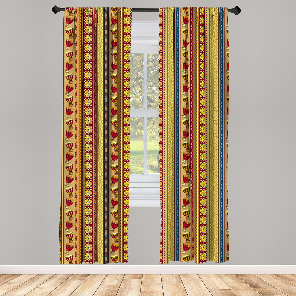 Ambesonne African Window Curtains Pack Of 2, Oriental Djembe Drums Music Culture In Theme Geometric Chevrons Triangles, Lightwei
