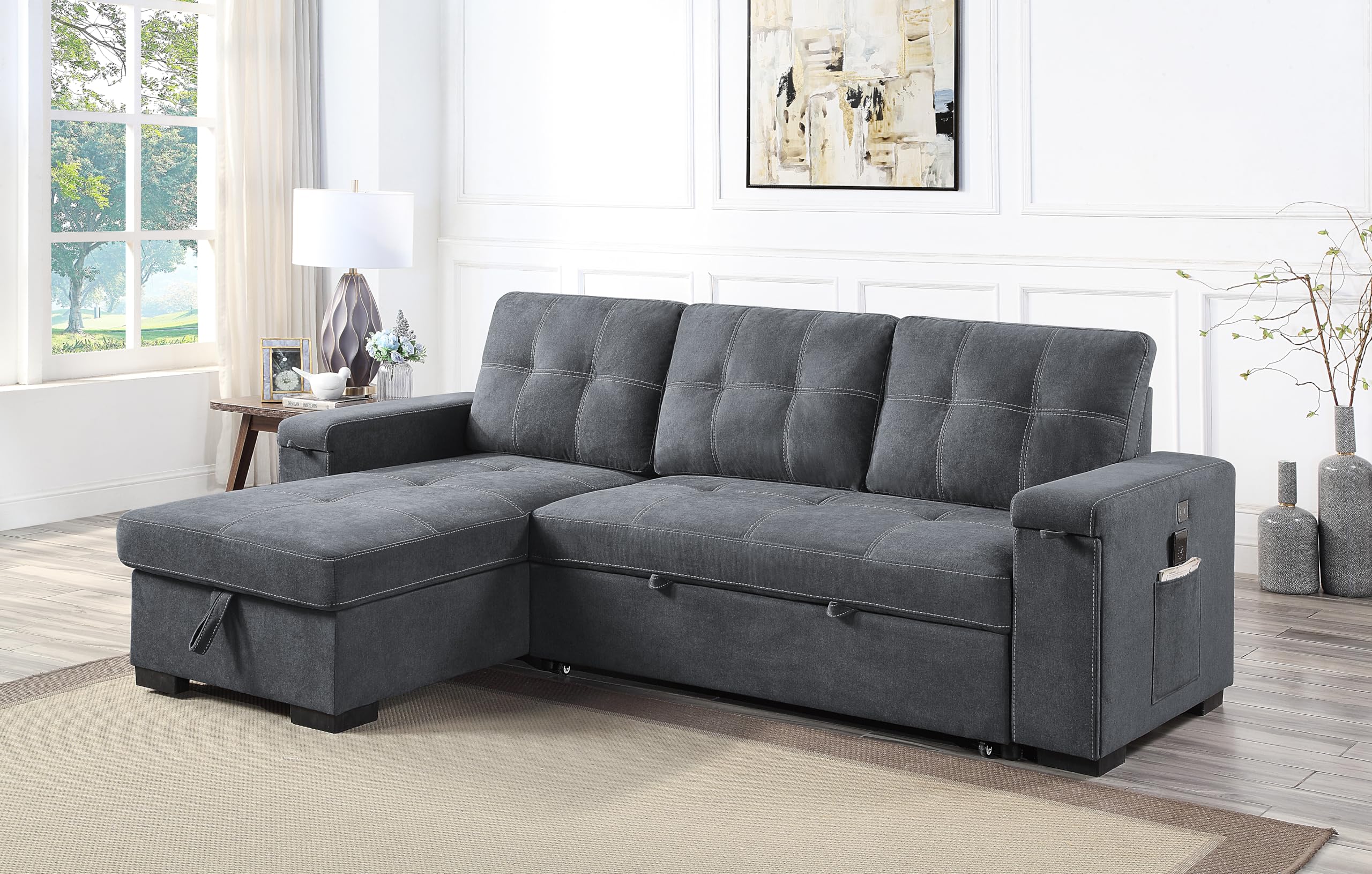 Lilola Home Toby Gray Woven Fabric Reversible Sleeper Sectional Sofa with Storage Chaise Cup Holder USB/USB-C Ports and Pockets