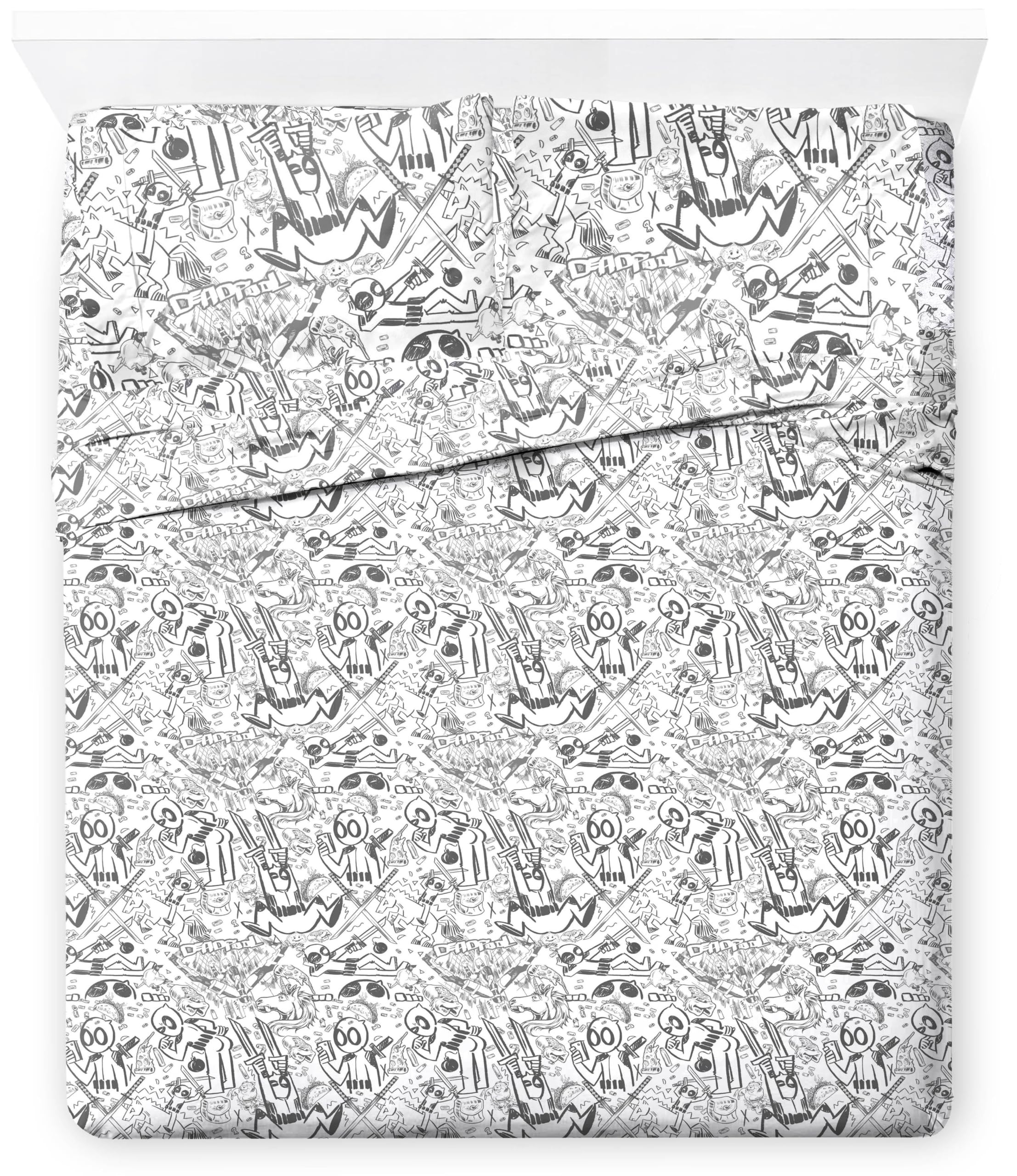 Jay Franco Marvel Deadpool Comic Sketch Queen Size Sheet Set - Super Soft 4 Piece Bedding Set - Microfiber Sheets Includes Rever