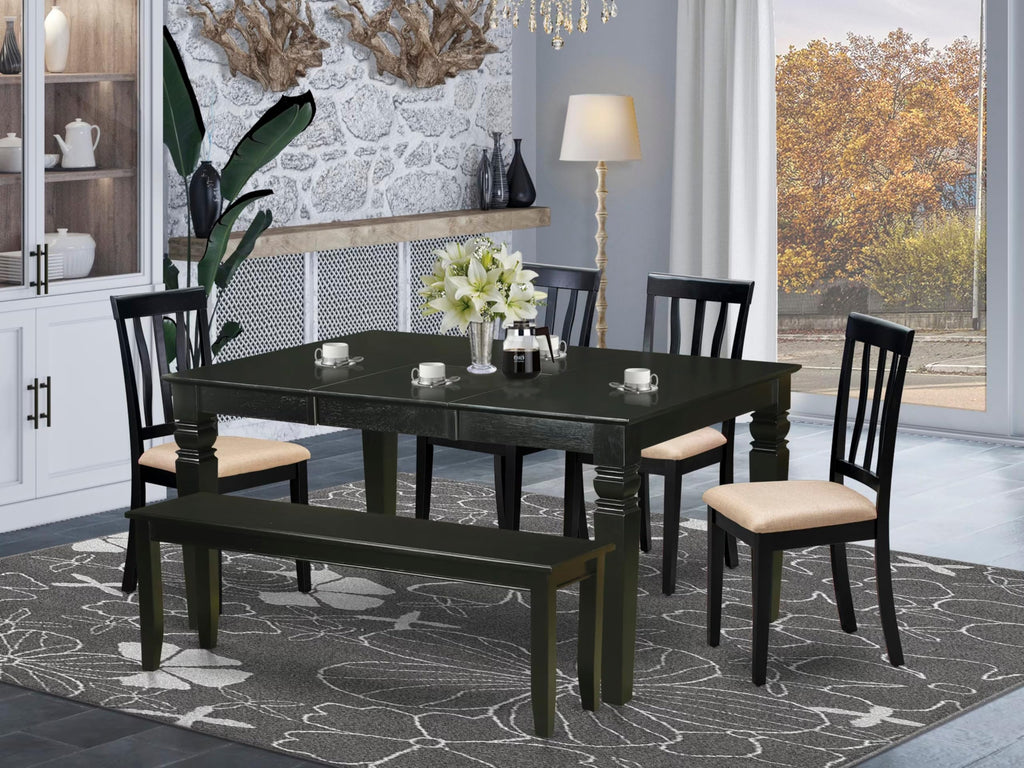 East West Furniture WEAN6D-BLK-C 6 Piece Dining Set Contains a Rectangle Dining Table with Butterfly Leaf and 4 Linen Fabric Upholstered Chairs with a Bench, 42x60 Inch, Black