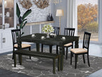 East West Furniture WEAN6D-BLK-C 6 Piece Dining Set Contains a Rectangle Dining Table with Butterfly Leaf and 4 Linen Fabric Upholstered Chairs with a Bench, 42x60 Inch, Black