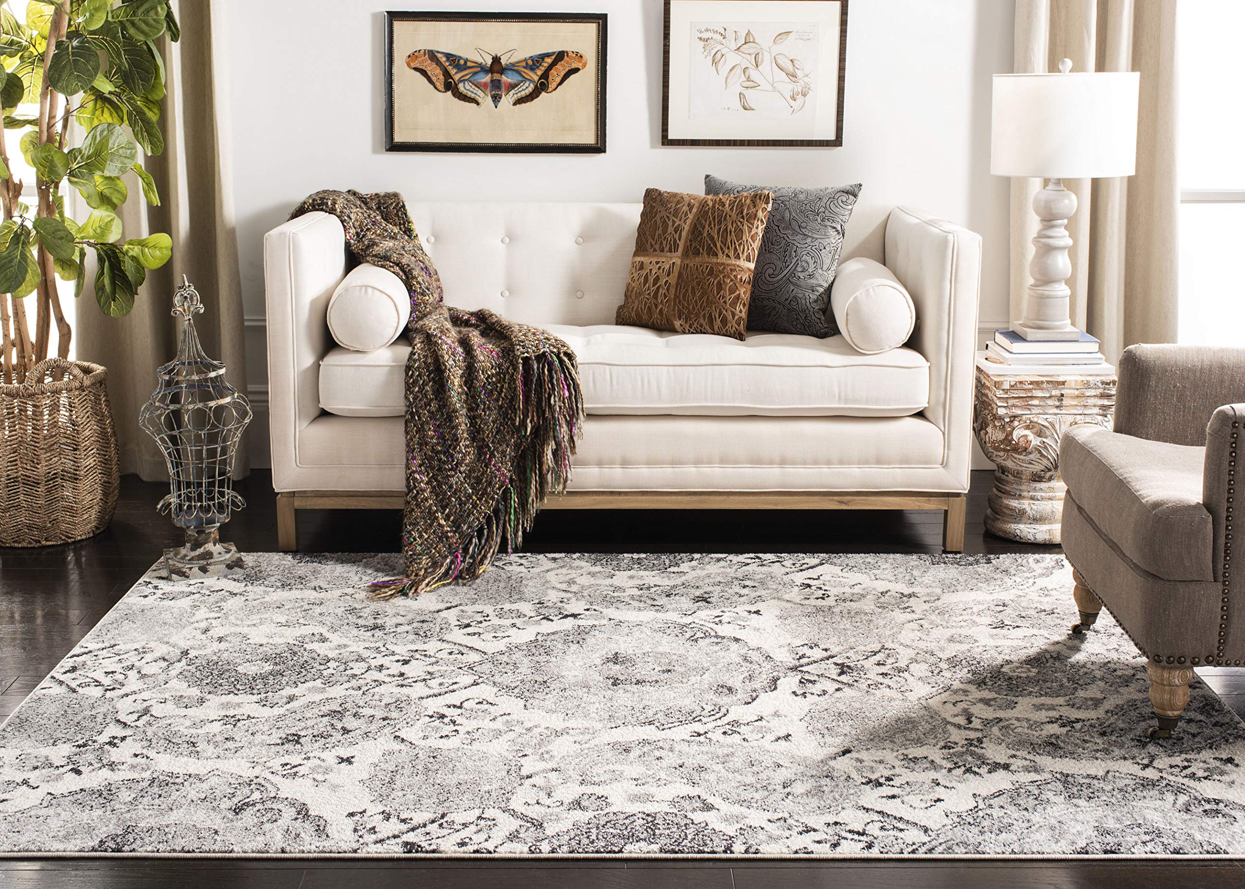 Safavieh Madison Collection Area Rug - 6'7'' Square, Cream & Silver, Boho Chic Glam Paisley Design, Non-Shedding & Easy Care, Id