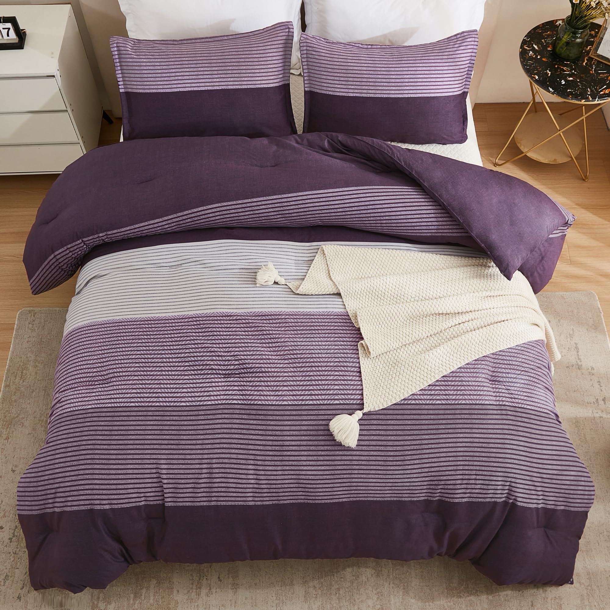 Litanika California King Comforter Set Purple - 3 Pieces Cal King Oversized Lightweight Purple White Colorblock Stripe Bedding S