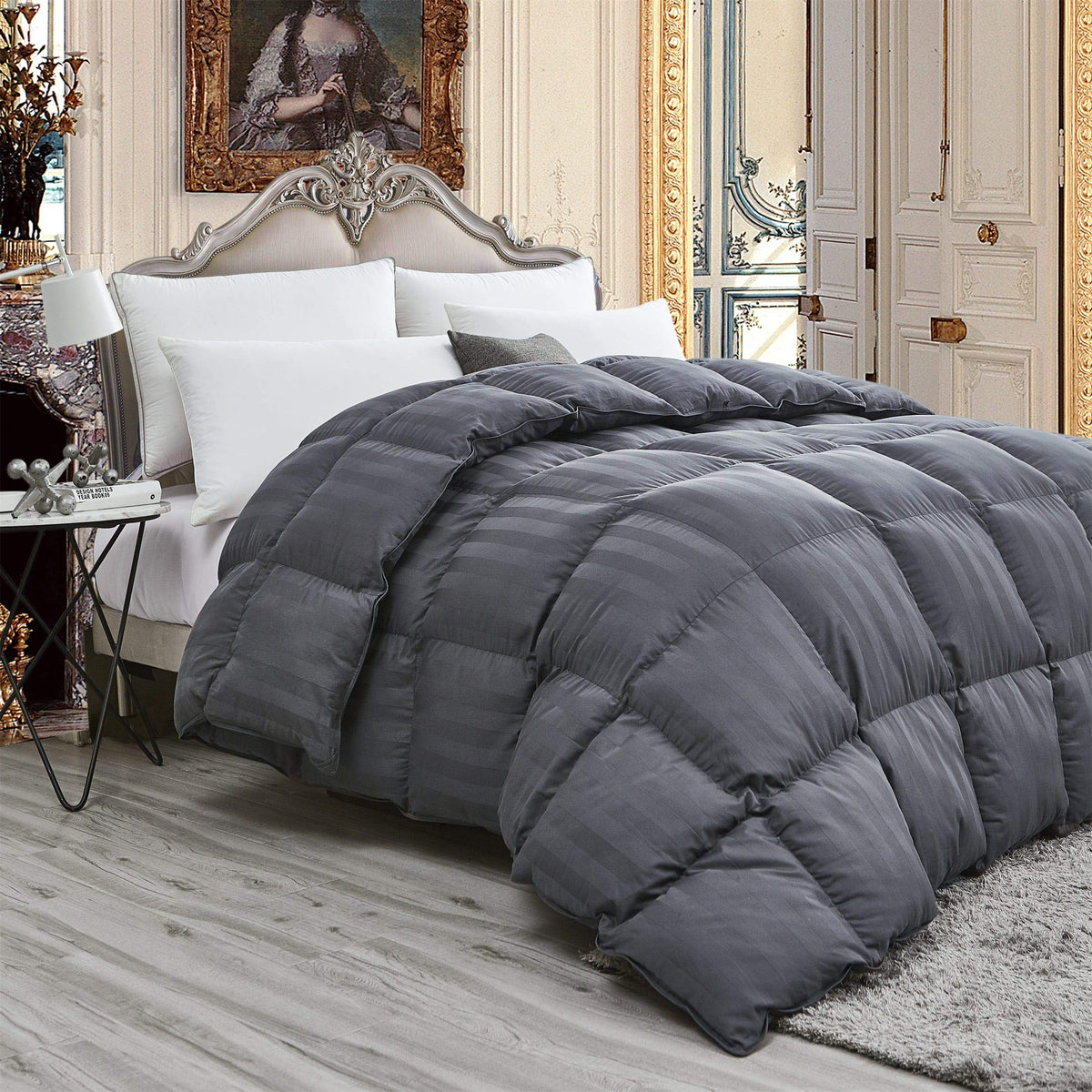 Luxurious Light Weight Goose Down Comforter King/California King Size Duvet, Exquisite Gray Stripe Design, 1200 Thread Count 100
