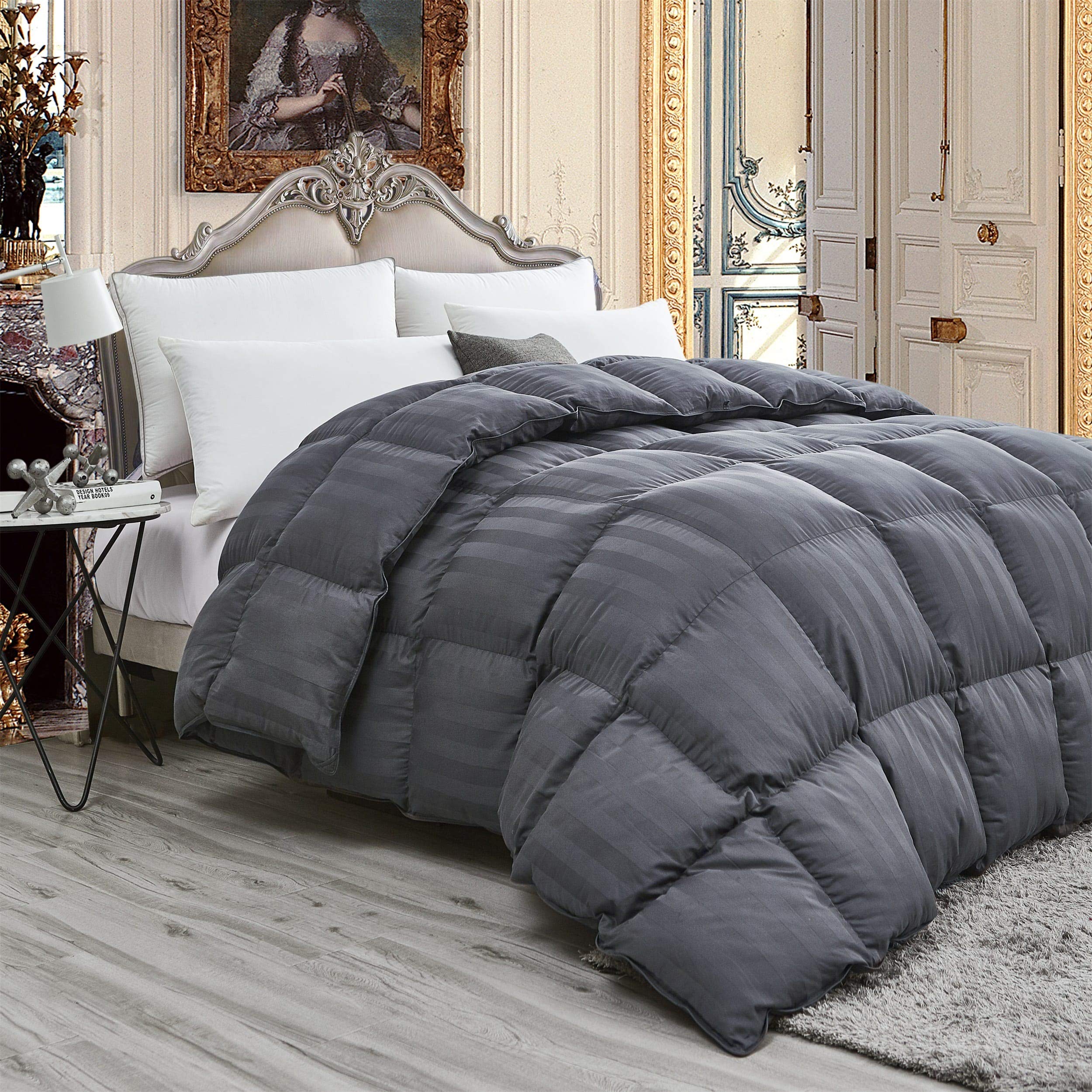 Luxurious Light Weight Goose Down Comforter King/California King Size Duvet, Exquisite Gray Stripe Design, 1200 Thread Count 100
