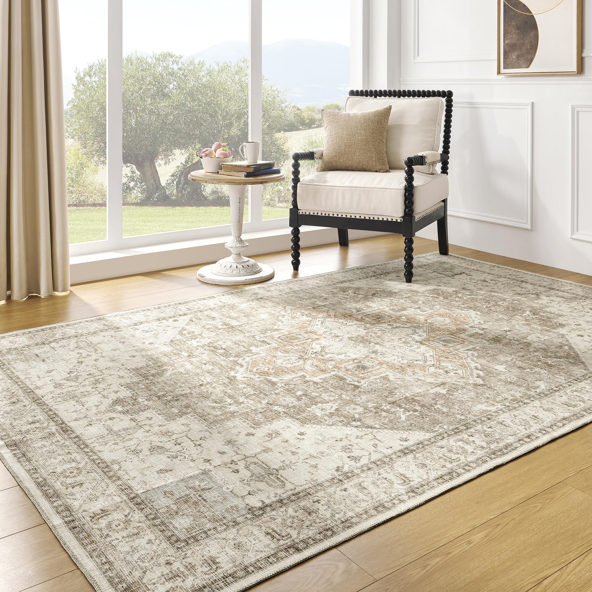 BILEEHOME Boho Farmhouse Bedroom Rug Washable Easy Clean Stain Resistant Vintage Country Rustic Neutral Area Rug for Dining Room