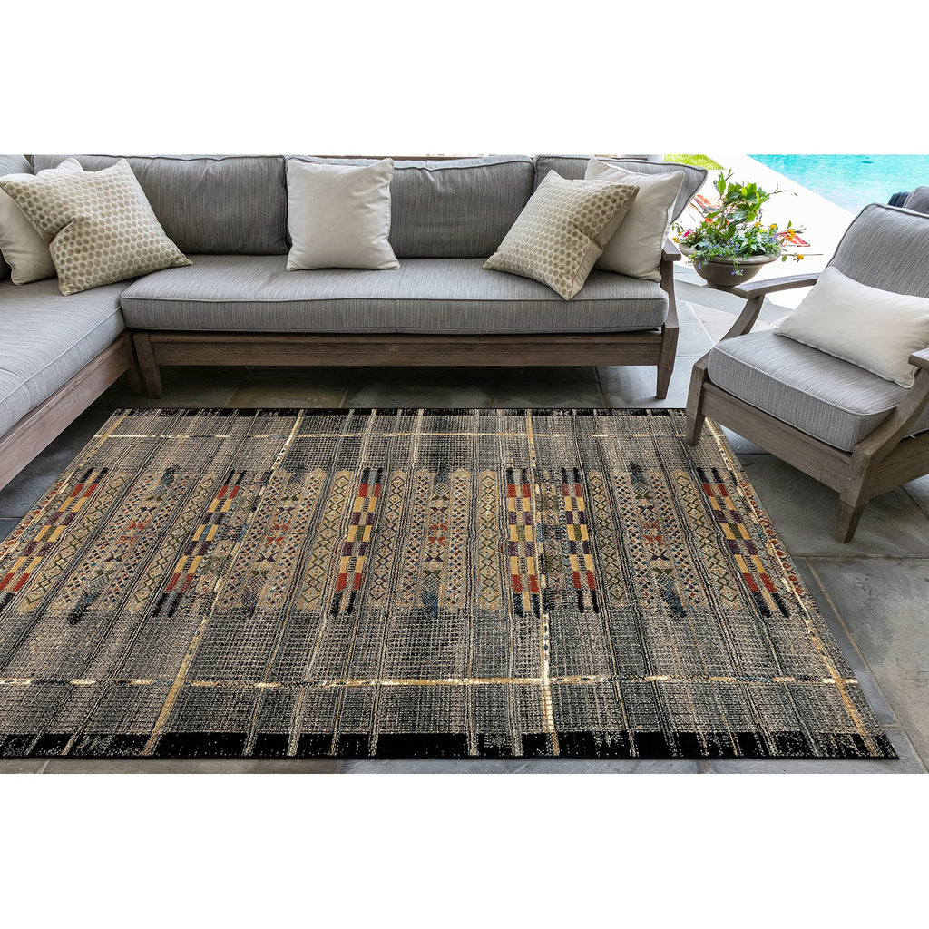 Liora Manne Marina Low Profile Durable Indoor/Outdoor Woven Rug- Tribal Stripe Black 4'10' X 7'6'