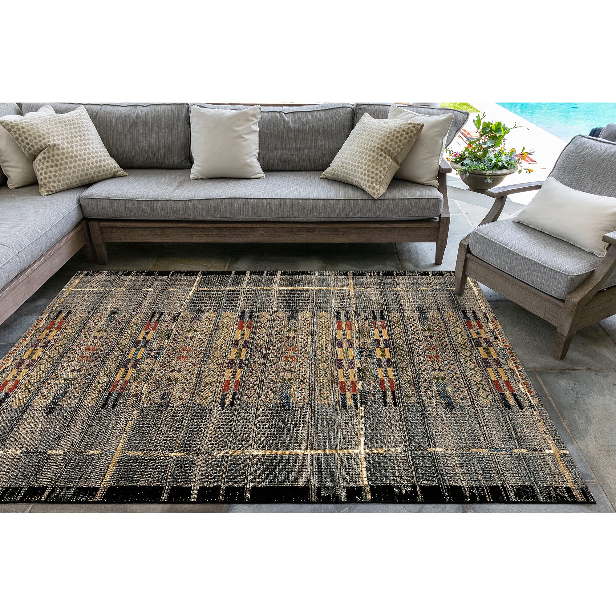 Liora Manne Marina Low Profile Durable Indoor/Outdoor Woven Rug- Tribal Stripe Black 4'10' X 7'6'