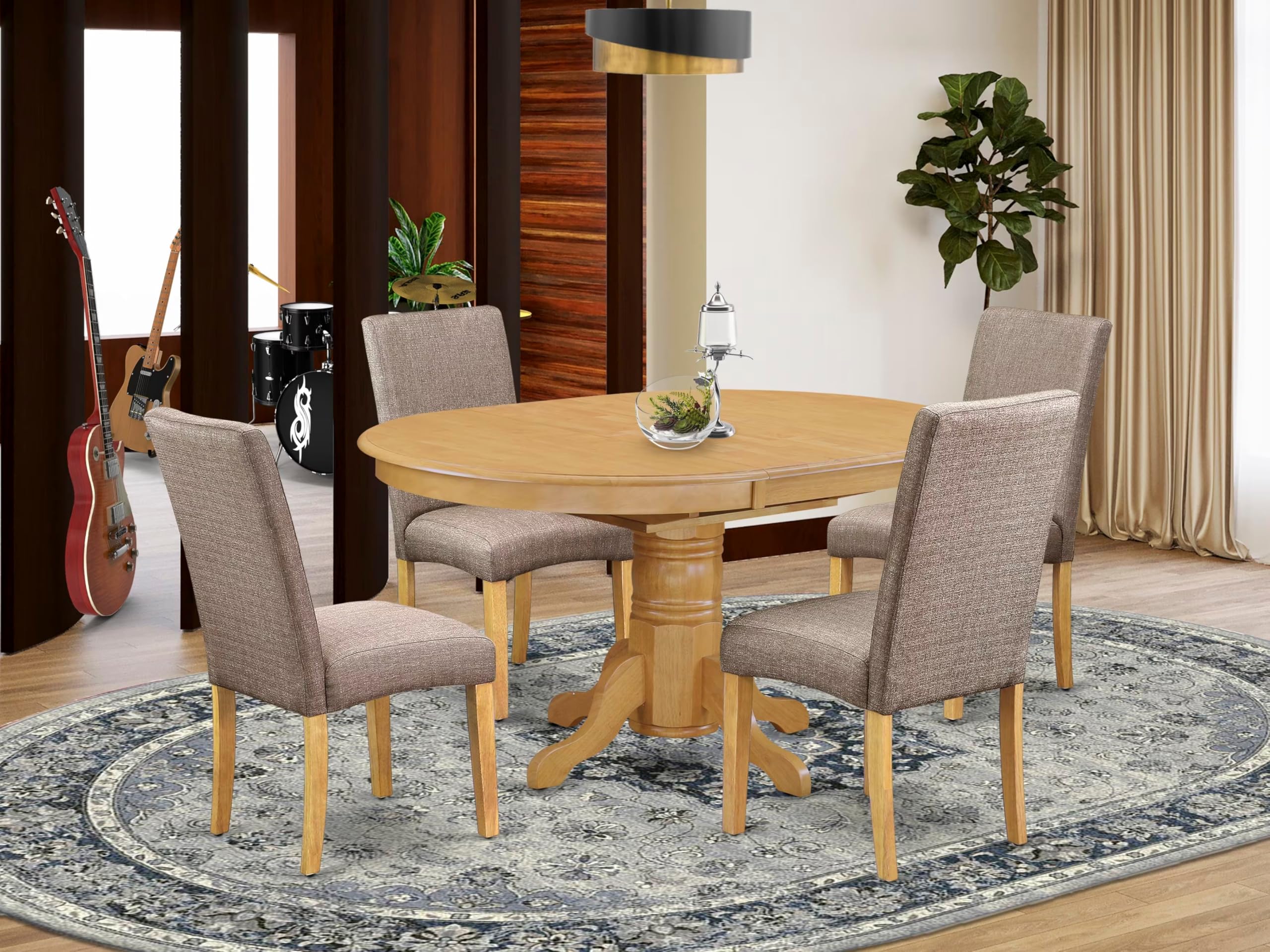East West Furniture Avdr5-Oak-16 5 Piece Dining Room Table Set Includes An Oval Kitchen Table With Butterfly Leaf And 4 Dark Khaki Linen Fabric Parson Dining Chairs, 42X60 Inch, Oak