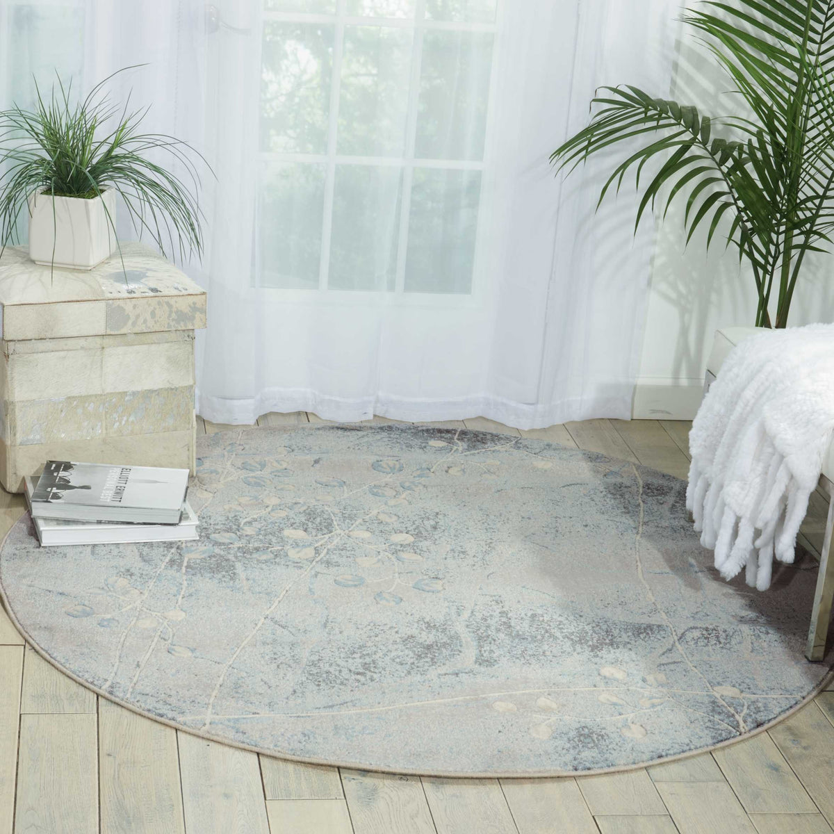 Nourison Somerset Nature Silver/Blue 5'6' X Round Area Rug, Easy Cleaning, Non Shedding, Bed Room, Living Room, Dining Room, Ki