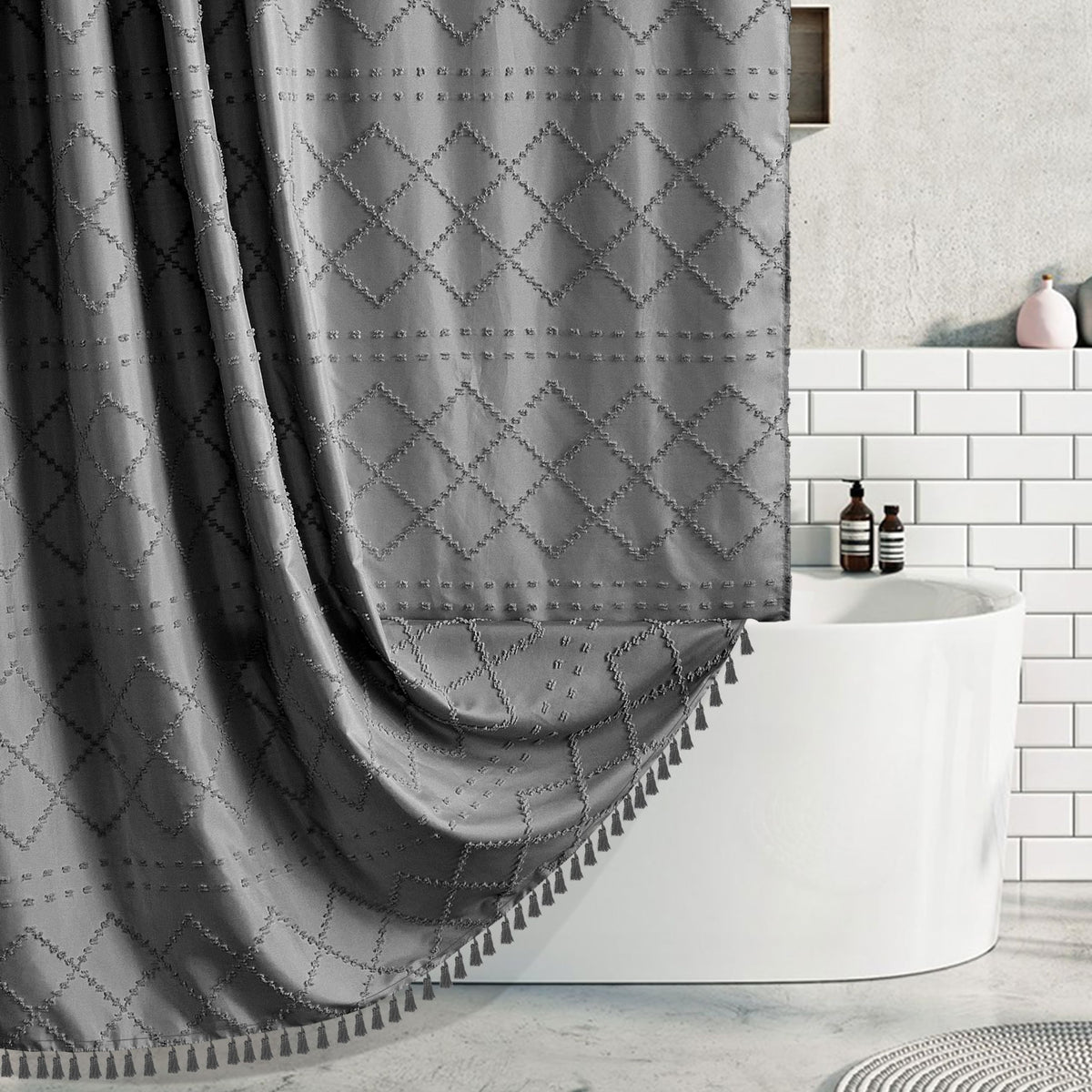 Extra Long Boho Grey Woven Fabric 84 Inch Shower Curtain 72 X 84 Tufted Chevron Striped Shabby Chic Textured, Modern Farmhouse M