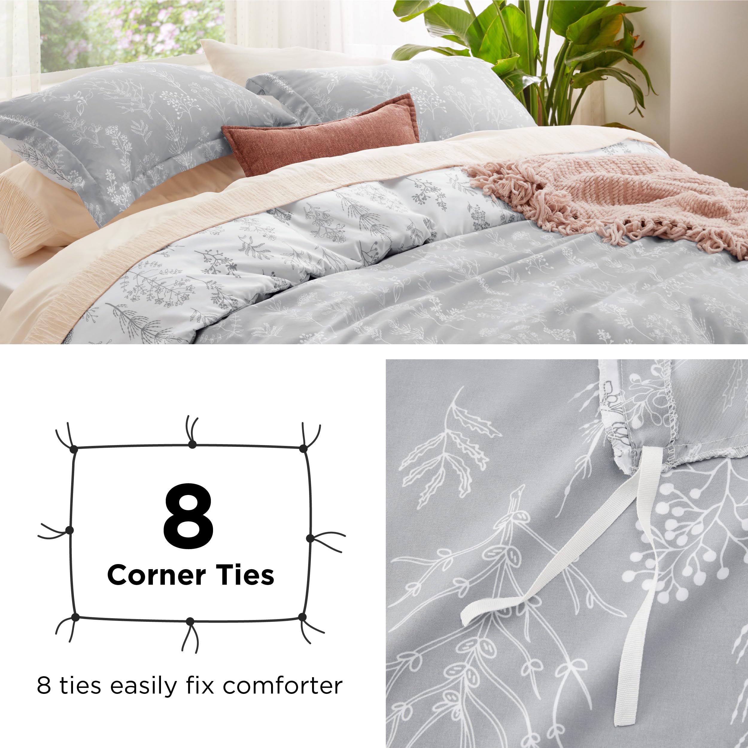 Bedsure Twin/Twin Xl Duvet Cover - Reversible Grey Duvet Cover Set With Zipper Closure, Cute Floral Botanical Pattern Bedding Comforter Cover, 1 Duvet Cover 68'X90' And 1 Pillow Sham 20'X26'