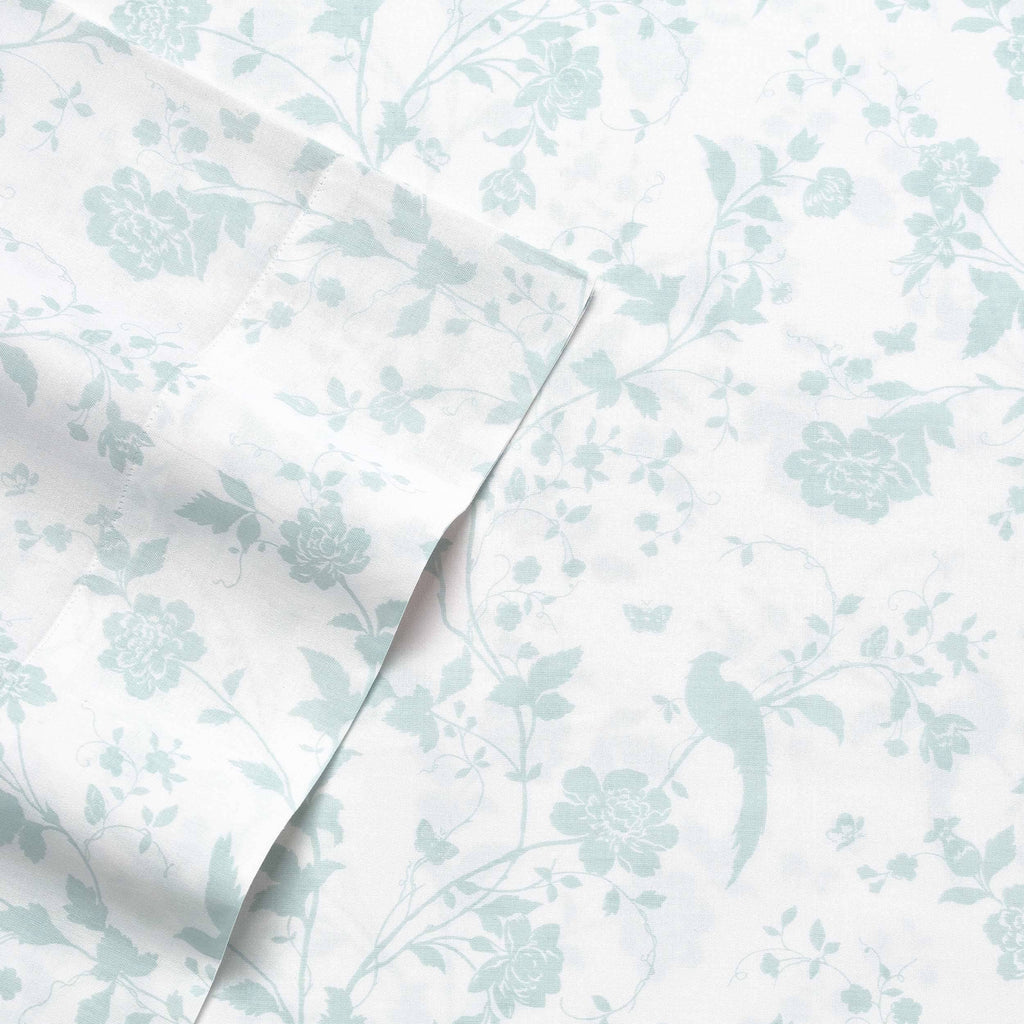 Laura Ashley - Queen Sheets, Soft Sateen Cotton Bedding Set - Sleek, Smooth, & Breathable Home Decor (Garden Palace Blue, Queen)