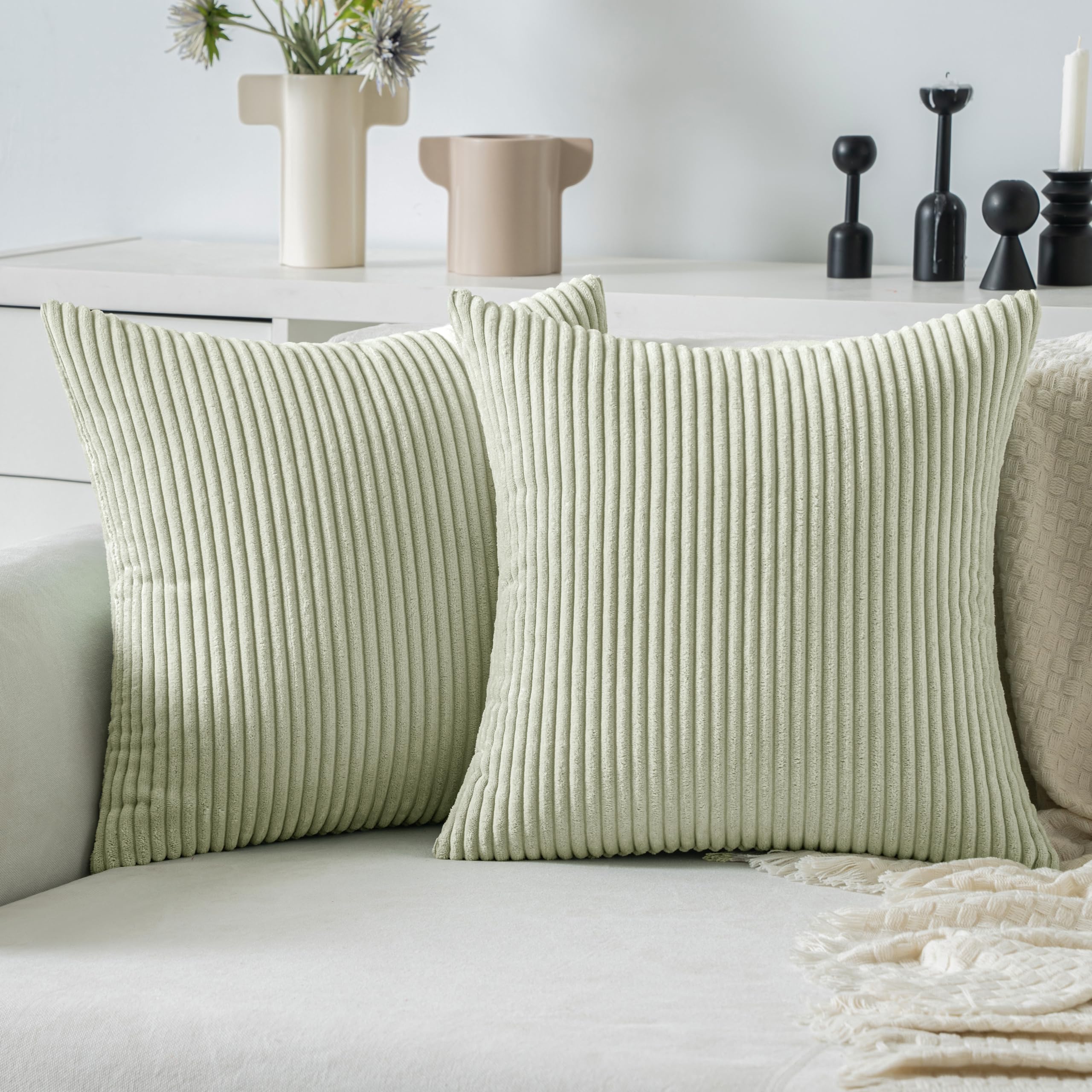 Miulee Light Green Corduroy Pillow Covers 18X18 Inch Set Of 2 Super Soft Boho Striped Pillow Covers Decorative Textured Throw Pi