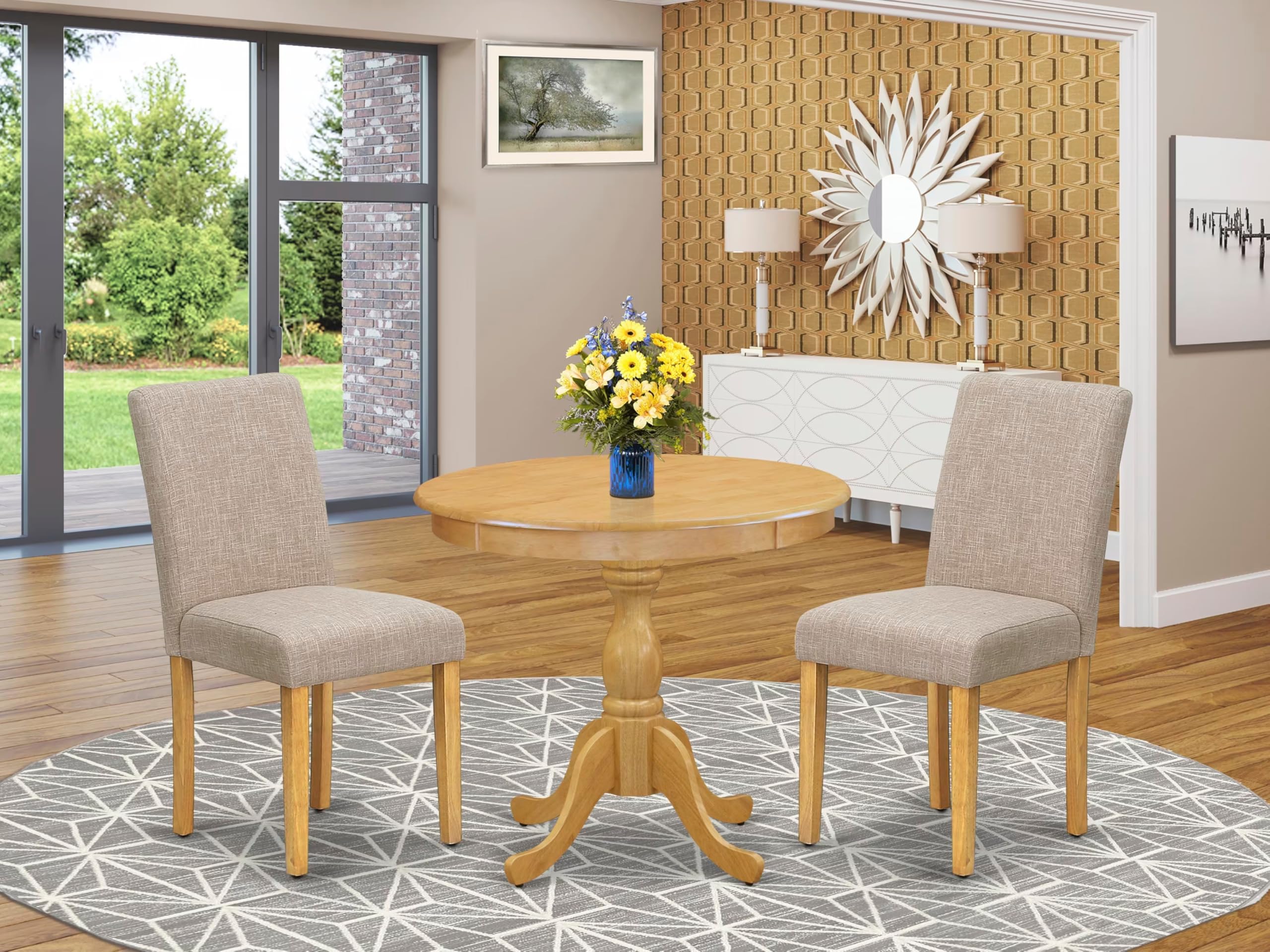 East West Furniture AMAB3-OAK-04 3 Piece Dining Set Contains a Round Kitchen Table with Pedestal and 2 Light Tan Linen Fabric Parson Dining Room Chairs, 36x36 Inch, Oak