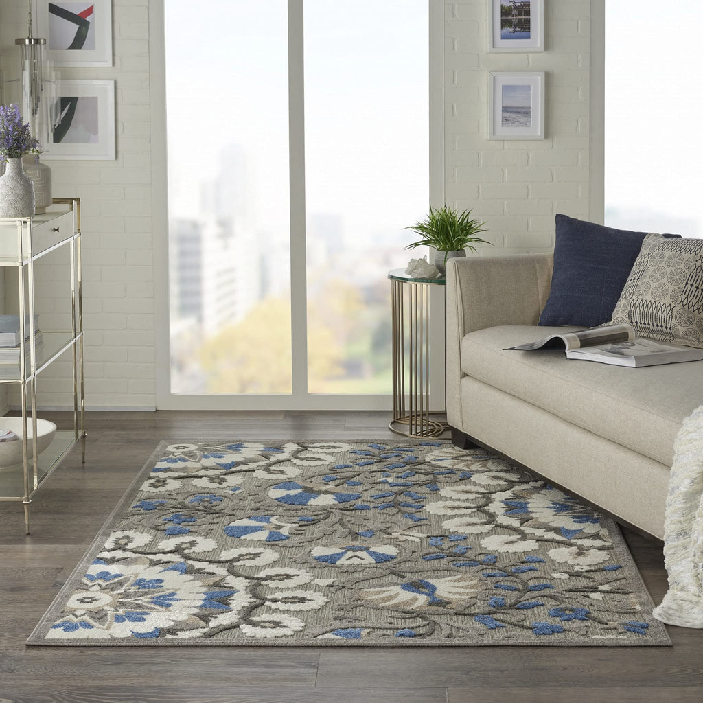HomeRoots Grey/Multi 100% Polypropylene 5’ x 8’ Gray and Blue Vines Indoor Outdoor Area Rug