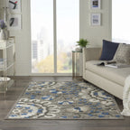 HomeRoots Grey/Multi 100% Polypropylene 5’ x 8’ Gray and Blue Vines Indoor Outdoor Area Rug