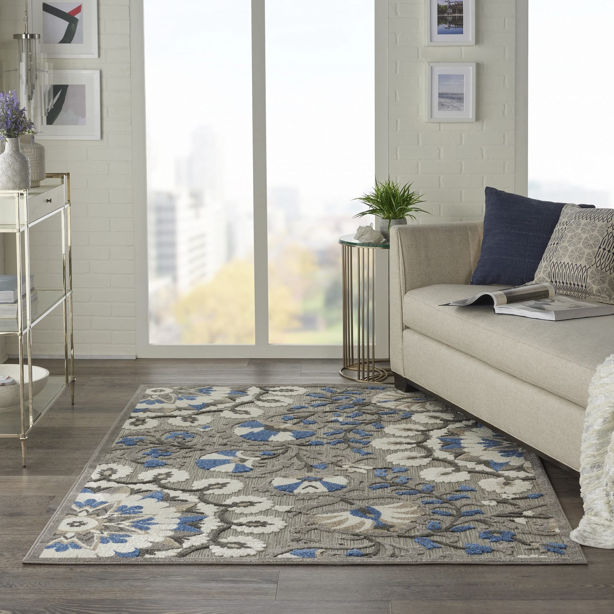 HomeRoots Grey/Multi 100% Polypropylene 5’ x 8’ Gray and Blue Vines Indoor Outdoor Area Rug