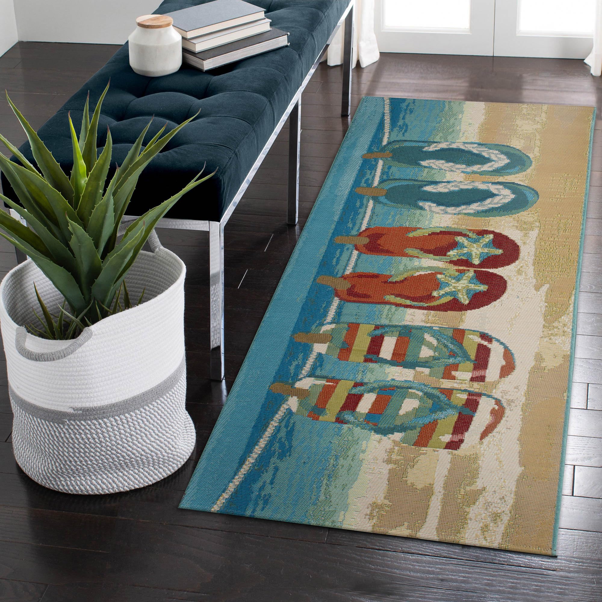 Liora Manne Esencia Machine Washable Non-Slip Low Profile Indoor/Outdoor Mat-Transitional, Coastal, Beach, Whimsical, Flip Flops Forever Blue 1'11' X 4'11'