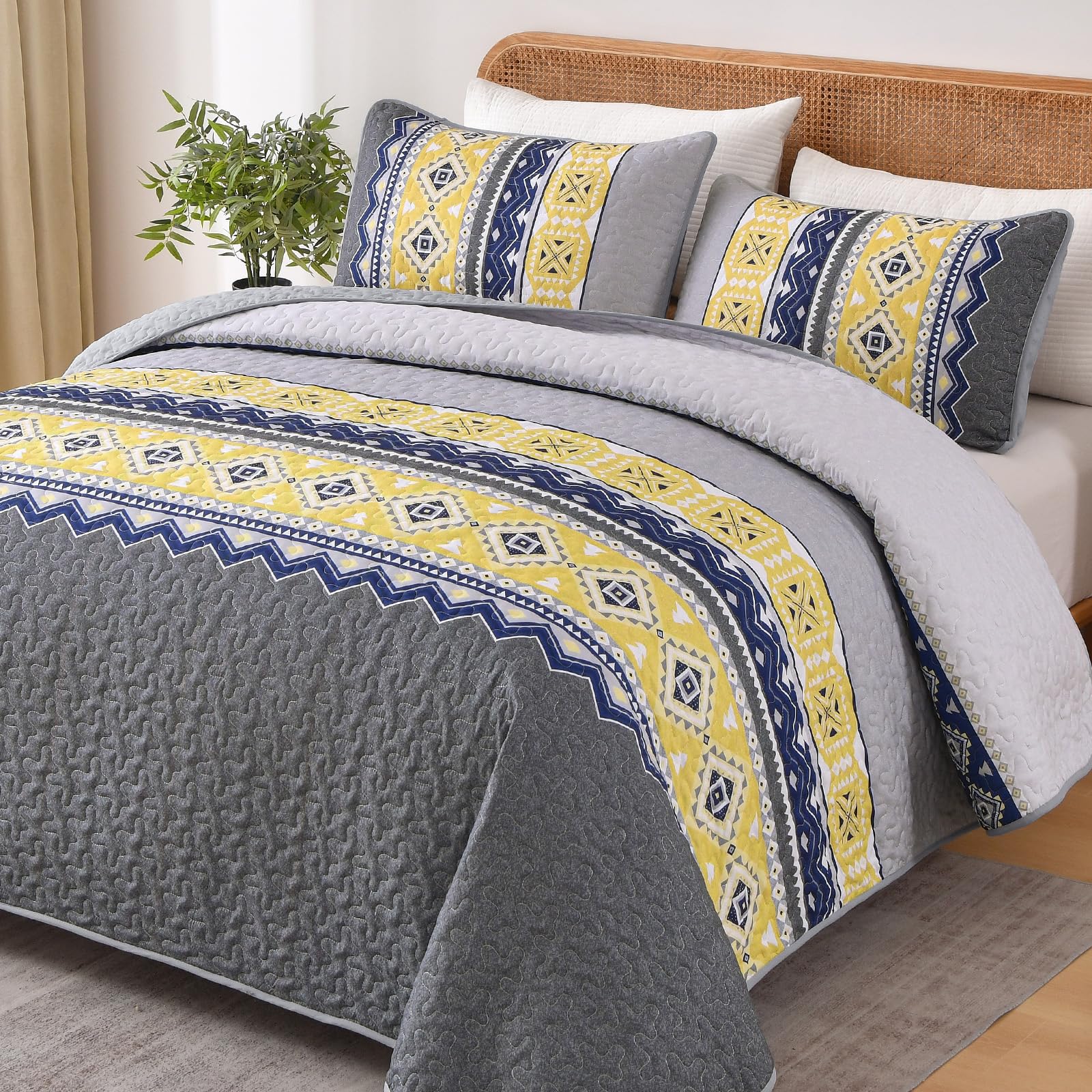 Wongs Bedding 3 Pieces Quilt Set Queen Size, Grey Yellow Quilt Bedspread Lightweight Bohemian Coverlet Set With 2 Pillowcase, So
