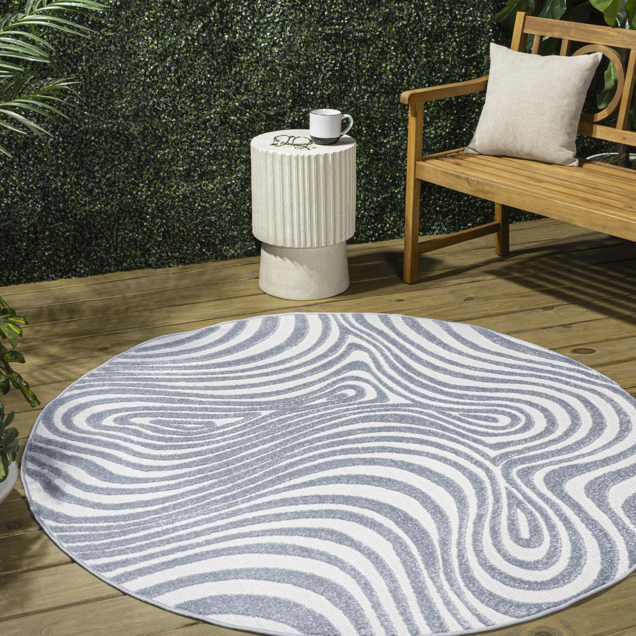 Jonathan Y Scn103C-8R Maribo High-Low Abstract Groovy Striped Light Blue/Ivory 8' Round Indoor/Outdoor Area Rug, Pet Friendly, N
