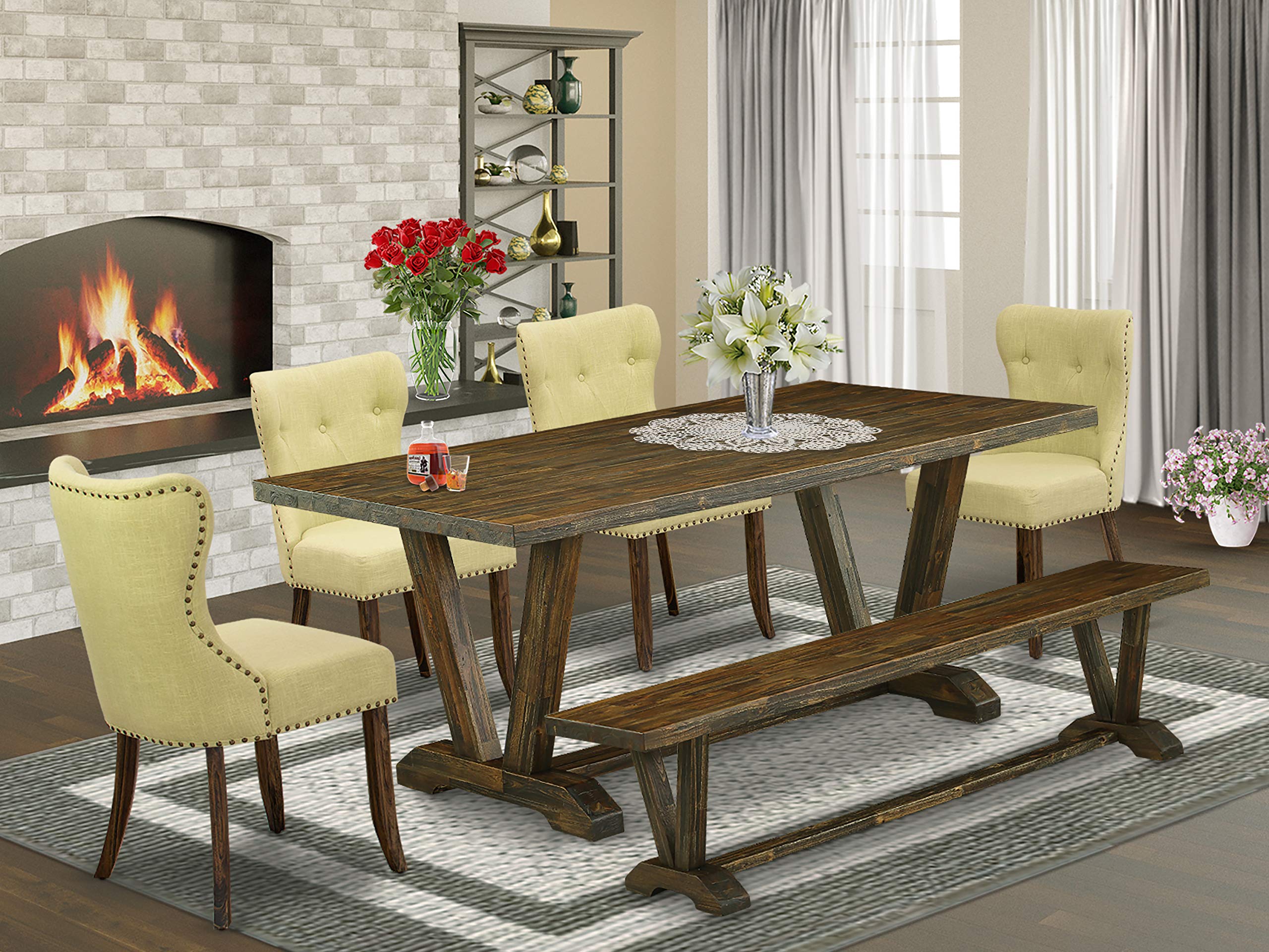 East West Furniture V777Si737-6 6 Piece Dinette Set Contains A Rectangle Dining Table With V-Legs And 4 Limelight Linen Fabric Parson Chairs With A Bench, 40X72 Inch, Multi-Color