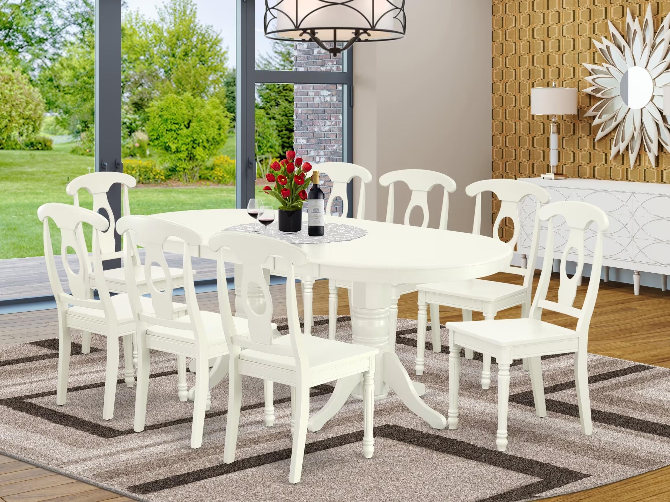 East West Furniture Vake9-Lwh-W 9 Piece Dining Set Includes An Oval Dining Table With Butterfly Leaf And 8 Kitchen Chairs, 40X76 Inch, Linen White