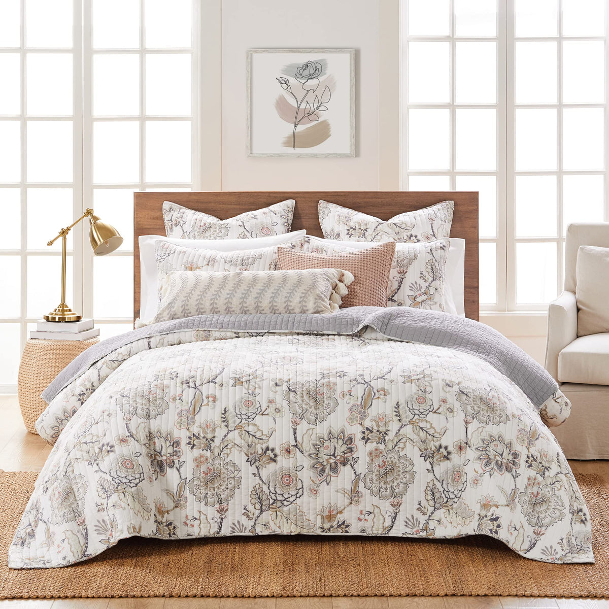 Levtex Home - Ophelia Quilt Set - King Quilt And Two King Shams - Floral - Taupe Grey Cream Blush - Quilt (106X92In.) And Shams