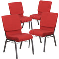 4 Pk. 18.5W Red Fabric Church Chair, Cup Book Rack - Silver Vein Frame